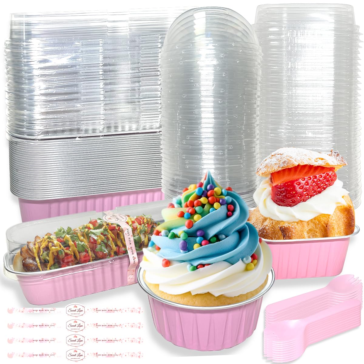 Lot de 90 mini moules à gâteau avec couvercles, cuillères et autocollants, mini moules à pain, moules à gâteau réutilisables en aluminium, petits moules à pain, boîtes à tarte pour dessert