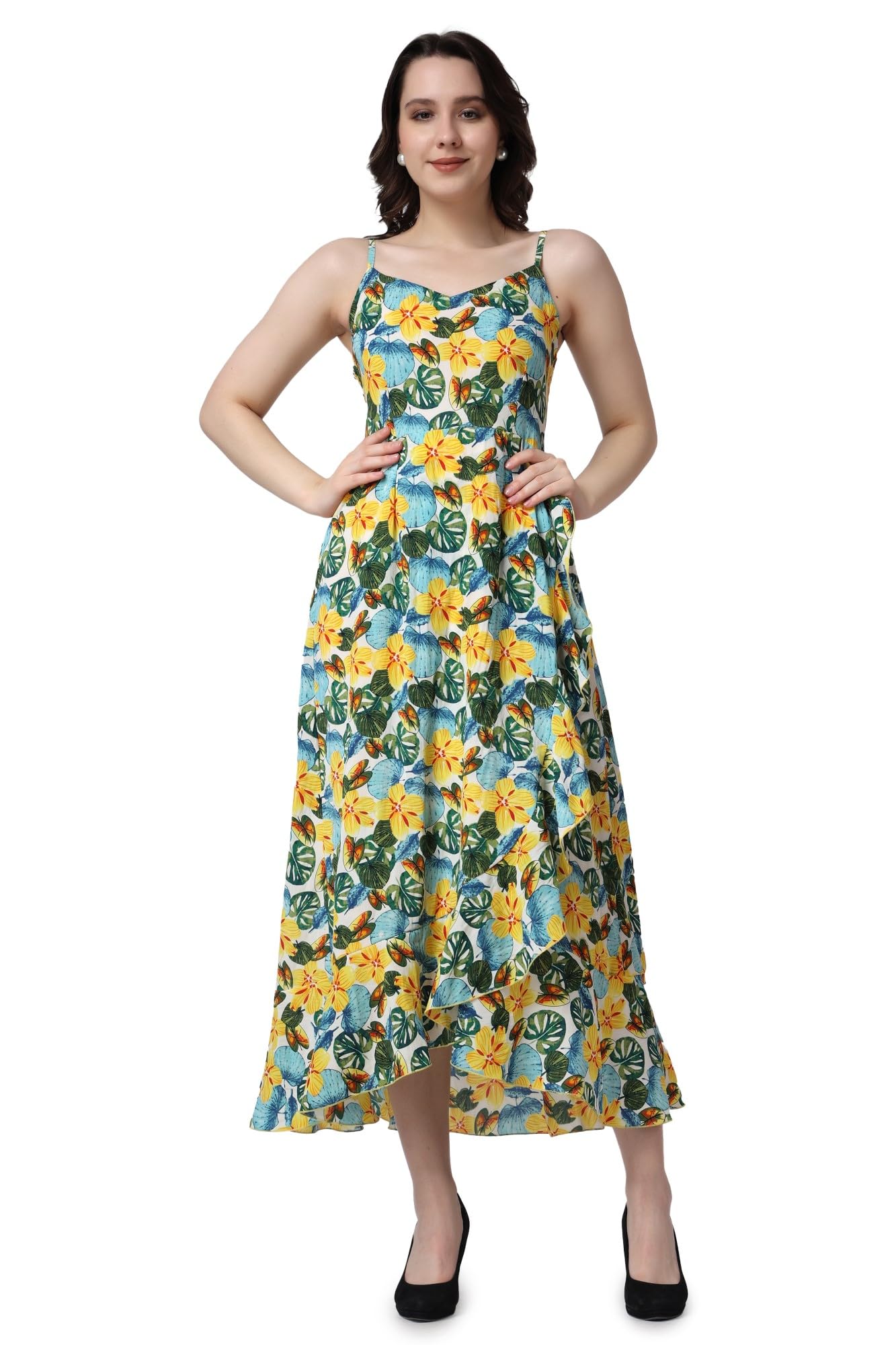 Popwings Multicolor Floral Printed Maxi Length Fit & Flare Dress For Women || Summer Stylish Dress For Women Western