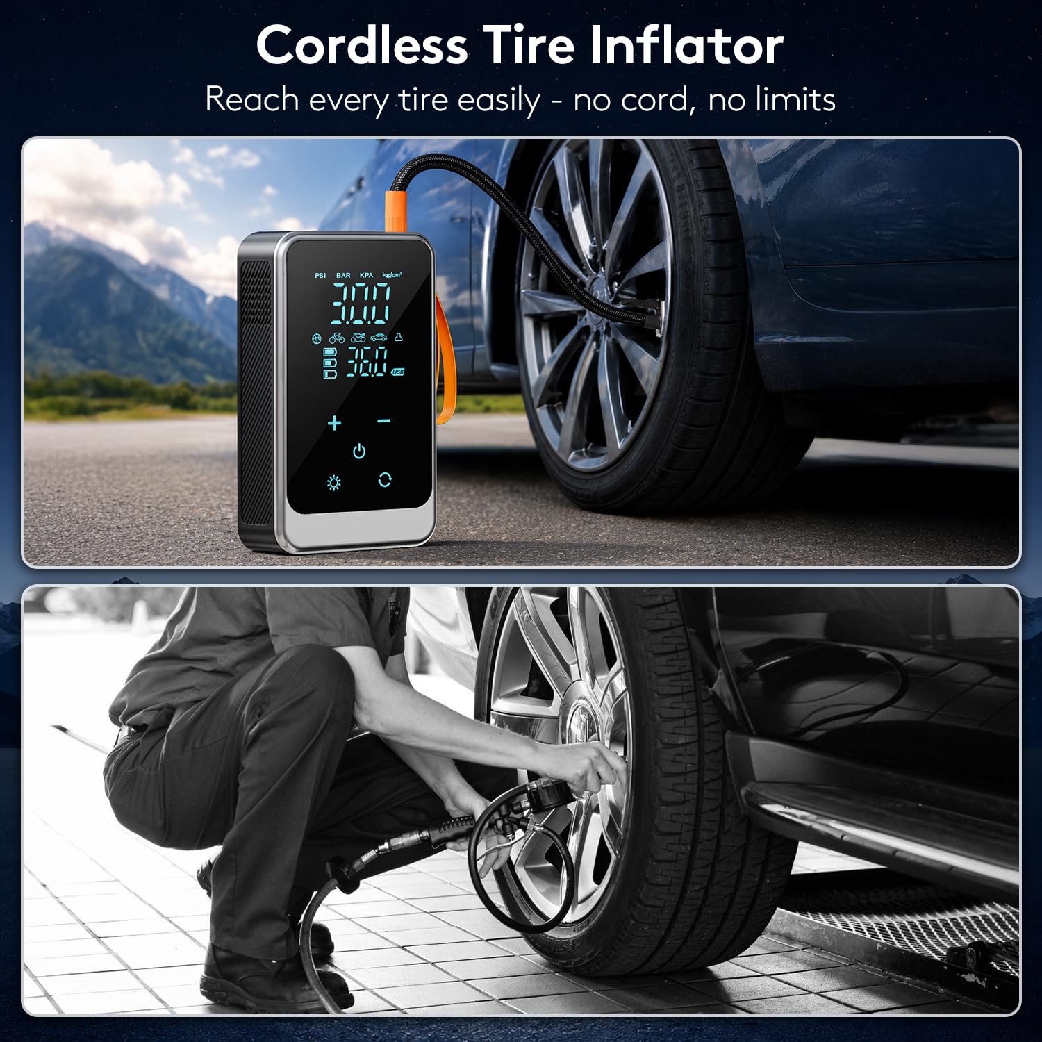 Pruk Compressore d'aria portatile senza fili, 150 psi, pompa digitale per pneumatici con batteria da 6000 mAh, luce di emergenza a LED, spegnimento automatico, pompa ad aria per auto, moto, bici