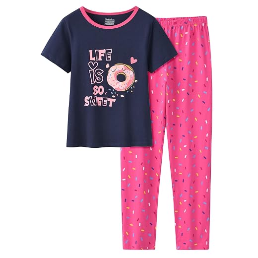 CYCHELRY Navy Blue Donut Pajamas for Girls Cute Red Penguin PJS Short Sleeve Kids Sleepwear Children Jammies Set Size 6-16