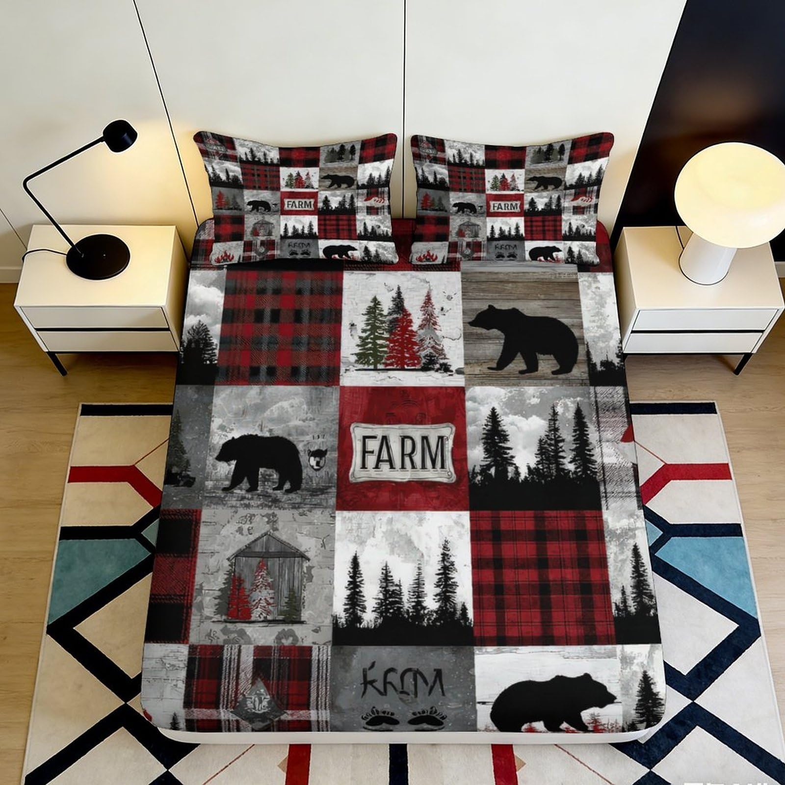 Pnayamiorkfel Style-3 3D Printed Rustic Forest Bear Fitted Sheet Microfiber Soft Breathable Plaid Mattress Cover For Bedroom Home Decor 90X200x25cm