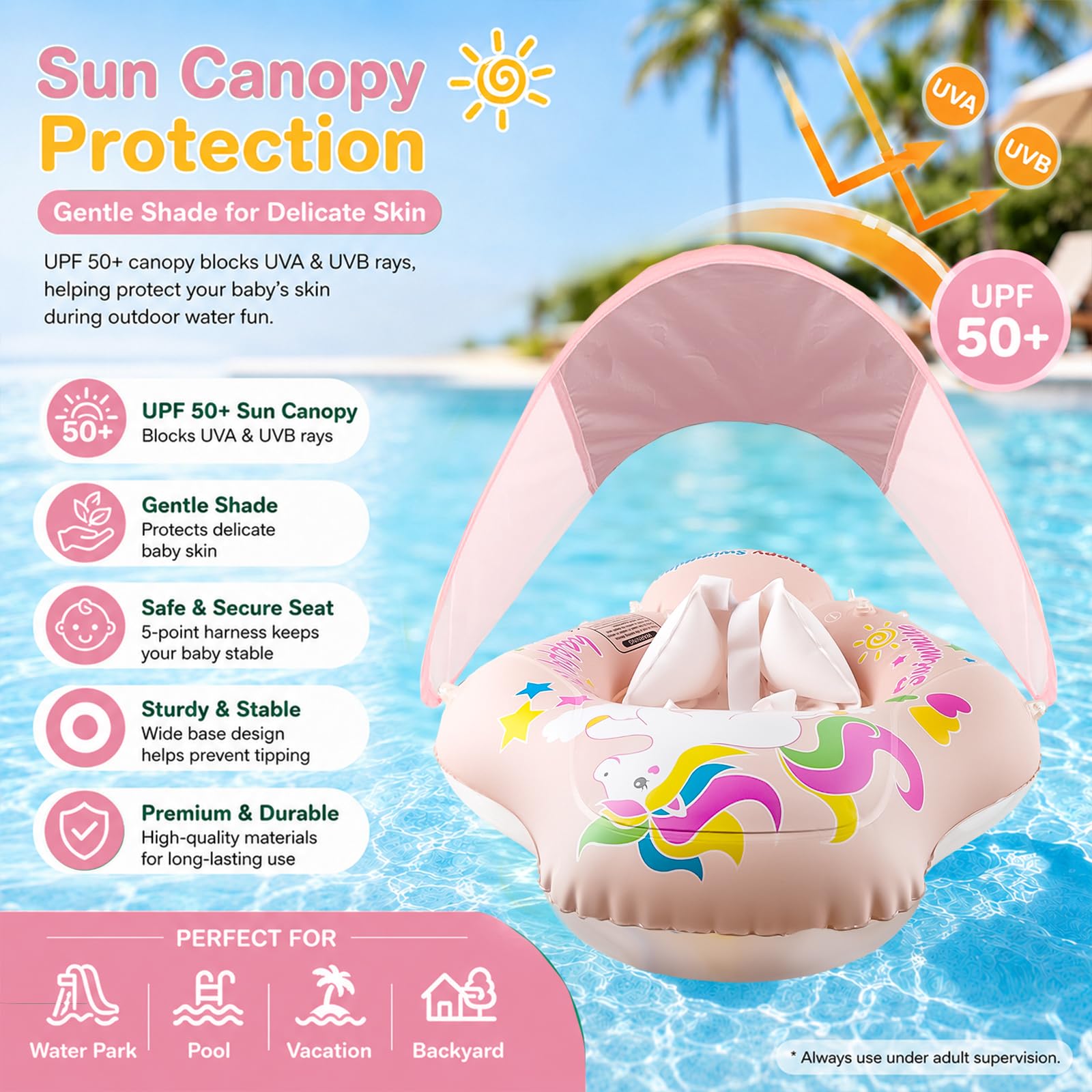 Flotador Bebé con Parasol, Baby Float Hinchable para Bebés de 3-72 Meses, Flotador Piscina con Arnés de Seguridad & Cámaras de Aire, Protección UV para Piscina y Playa