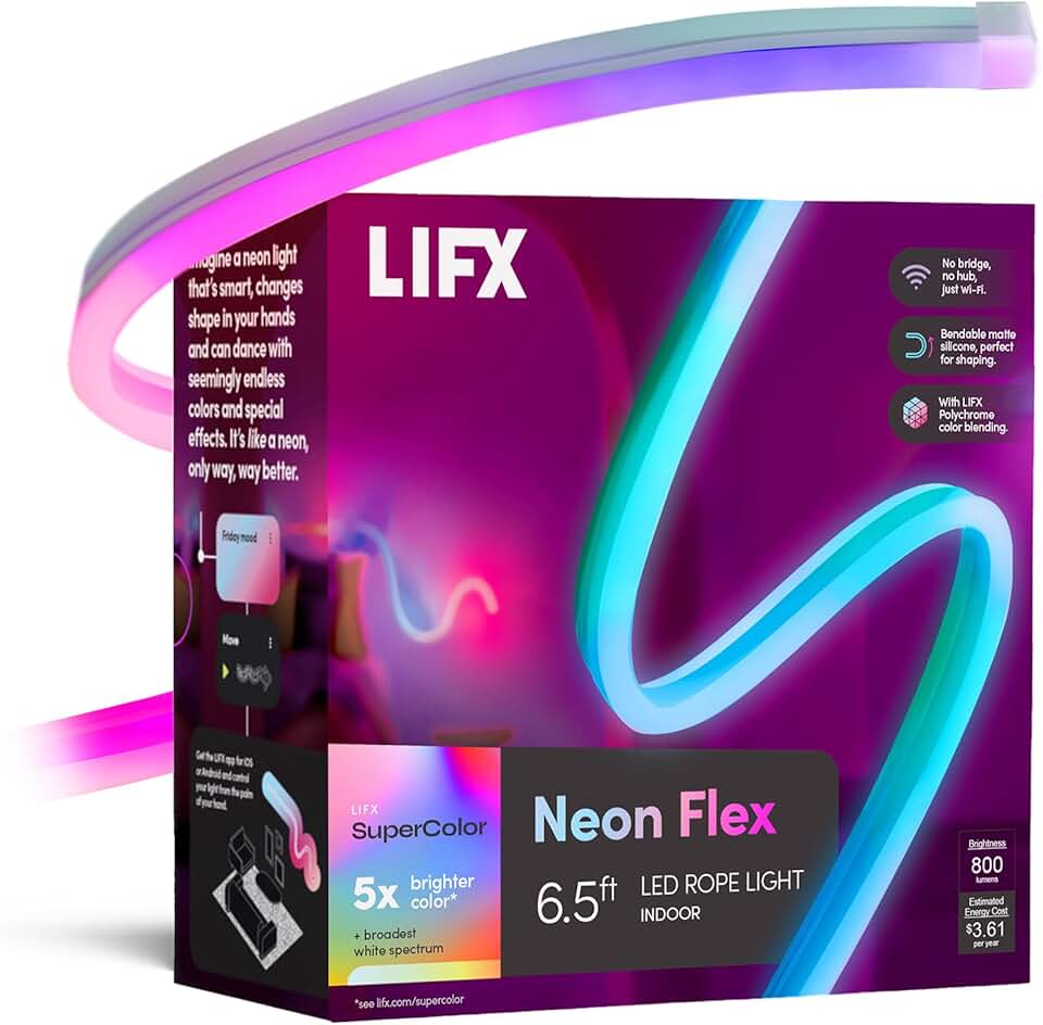 LIFX Neon Flex SuperColor LED Strip Light, 6.5ft Bendable Silicone Neon Rope with Polychrome 24-Zone RGBW Smart Lighting, Wi-Fi, Voice Control, No Hub Required, LFXNEON6.5