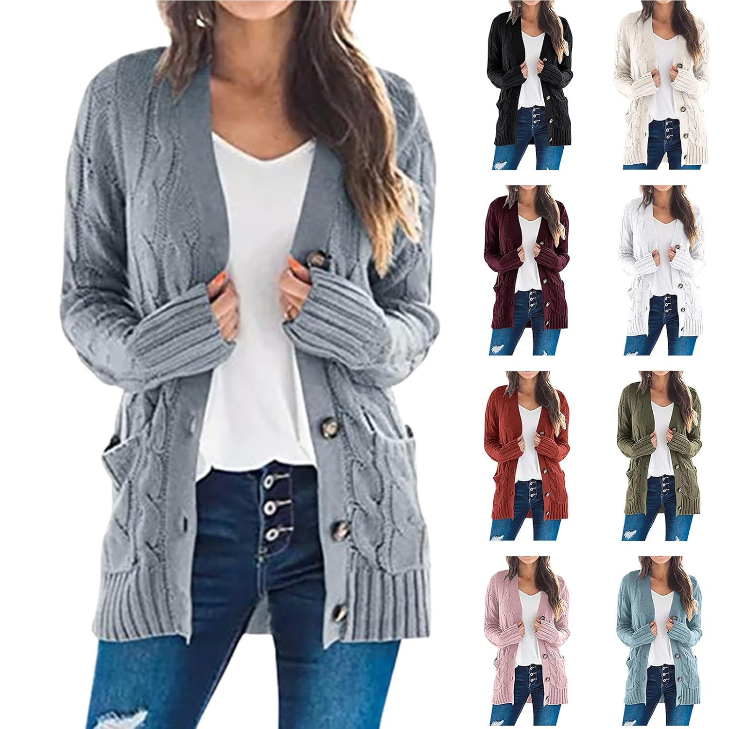 Cotton Cardigan Sweaters for Women Plus Size Button Down Chunky Long Cardigan Fall Warm Cable Knit Sweater Women