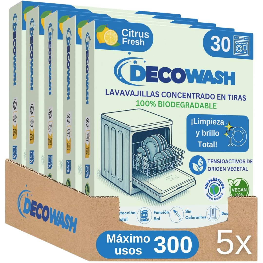 Detergente Lavavajillas Ecológico en Tiras (Máximo 300 Lavados) - Sin Plásticos, Fosfatos ni Cloro. Biodegradable, Vegano y Seguro. Limpieza, Abrillantado, Protección y Cuidado Antical