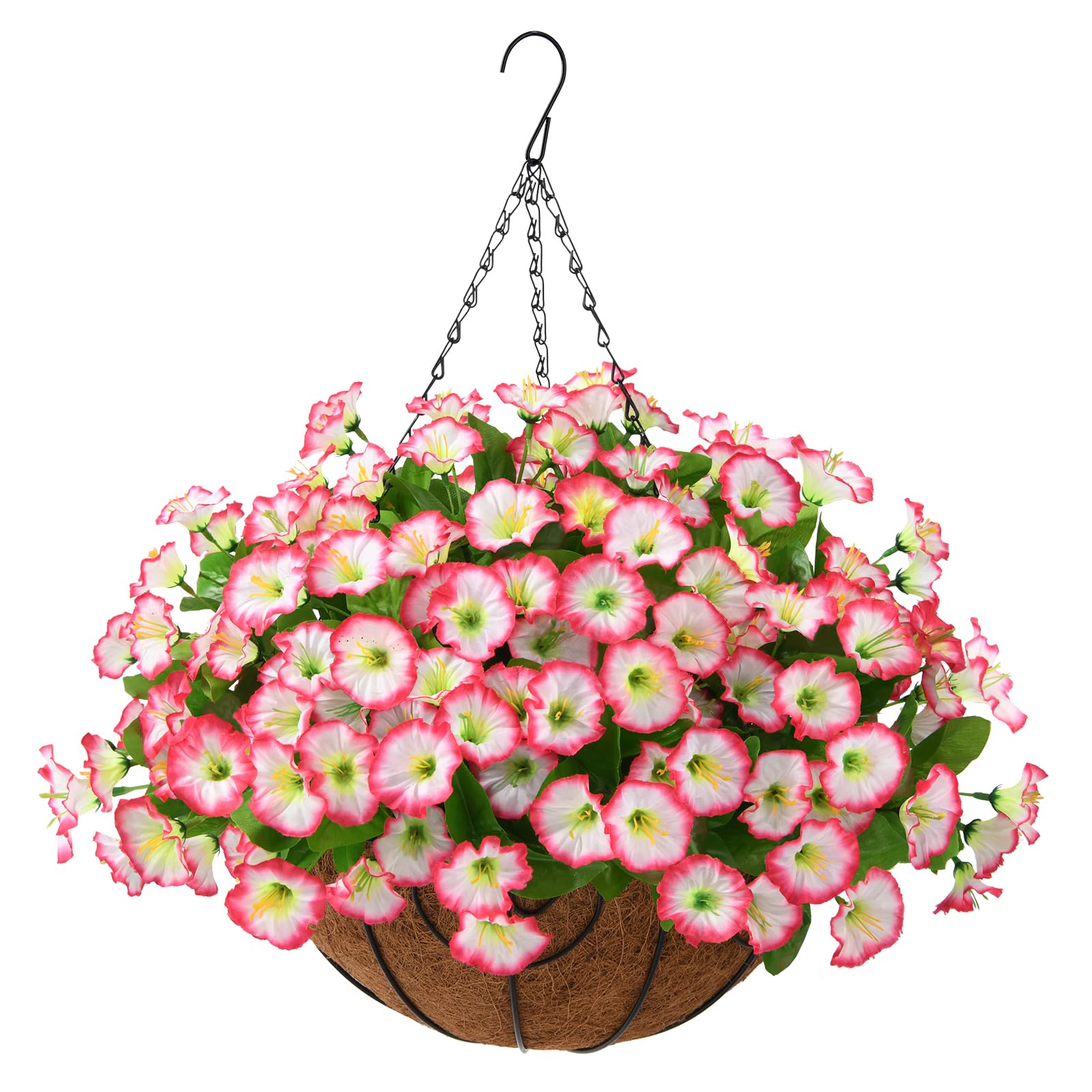 Homsunny Artificial Hanging Flowers,Silk Flower with 12 inch Flowerpot Centerpieces,Fake Hanging Plants in Coconut Lining Hanging Baskets for Outdoors Indoors Courtyard Spring Decoration(Pink)
