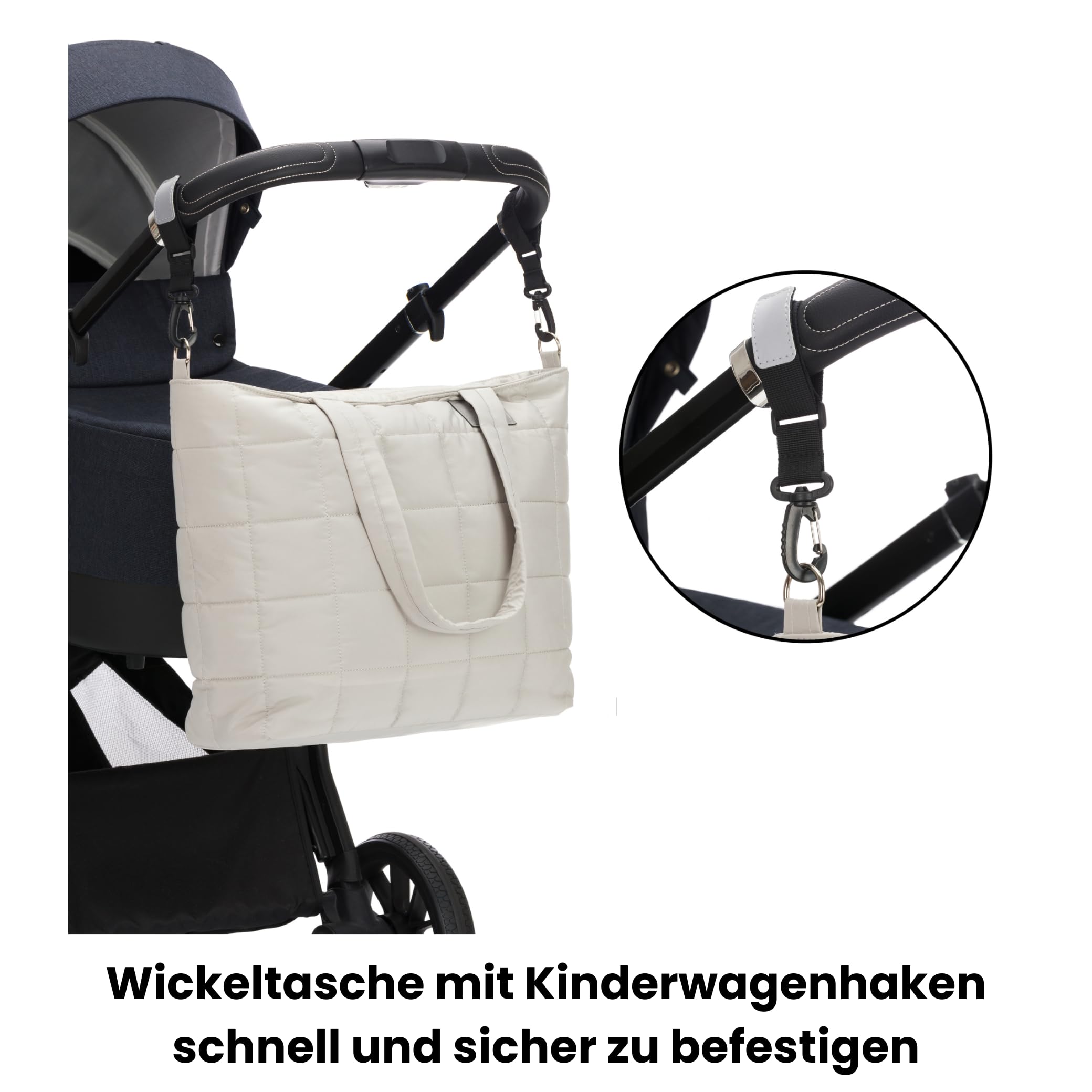 Fillikid Wickeltasche Kinderwagen Organizer Exclusiv | Wickeltasche Organizer, Weekender Damen | Elegante Steppoptik, Kinderwagenhaken, Flaschenwärmer | Windeltasche mit Wickelunterlage für unterwegs