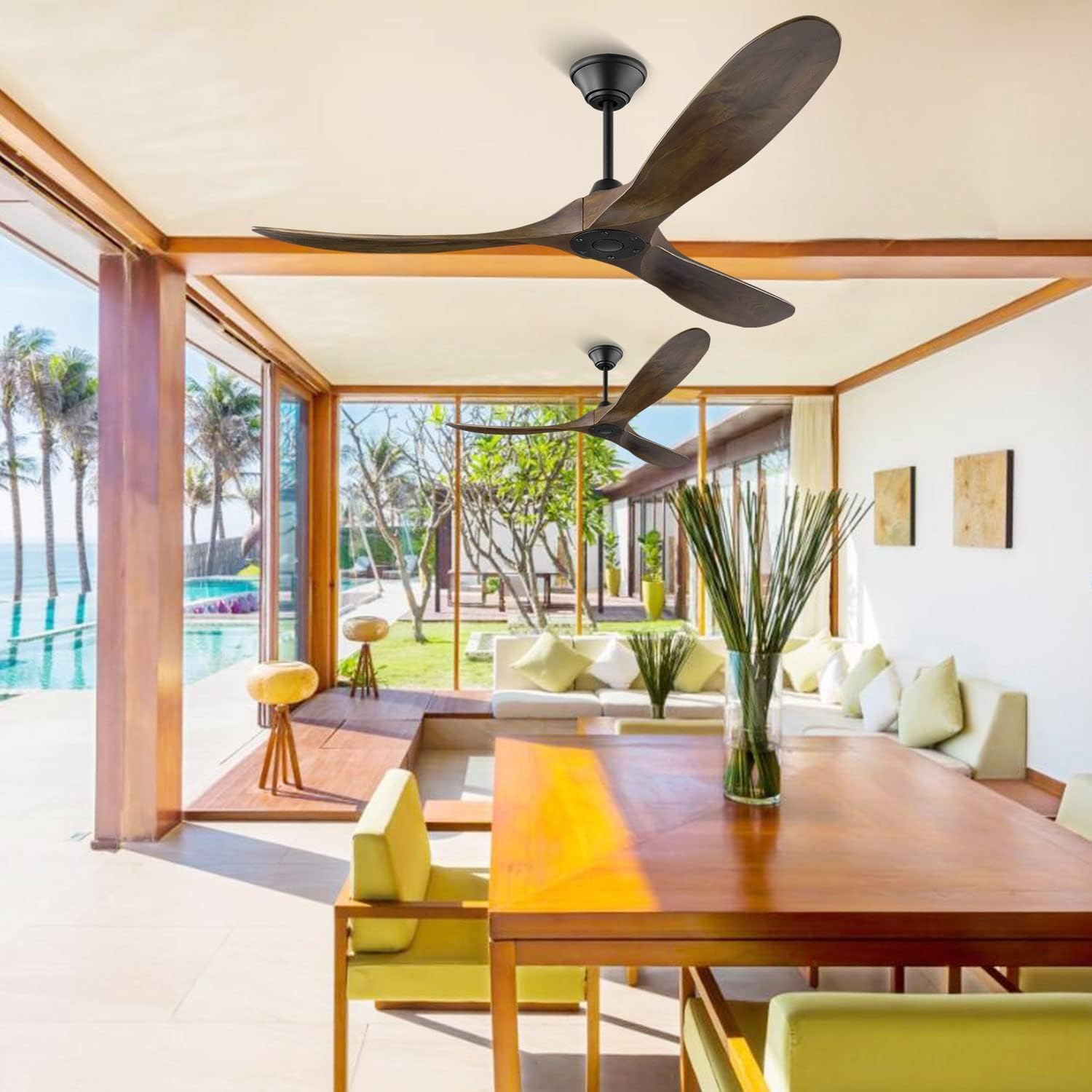 Ventilador De Techo Madera Sin Luz, 152 Cm Ventilador De Techo Con Mando A Distancia, Interior y Exterior Ventlador De Teho De HéLice De 3 Palas, 6 Velocidades Ultra Silencioso Reversible