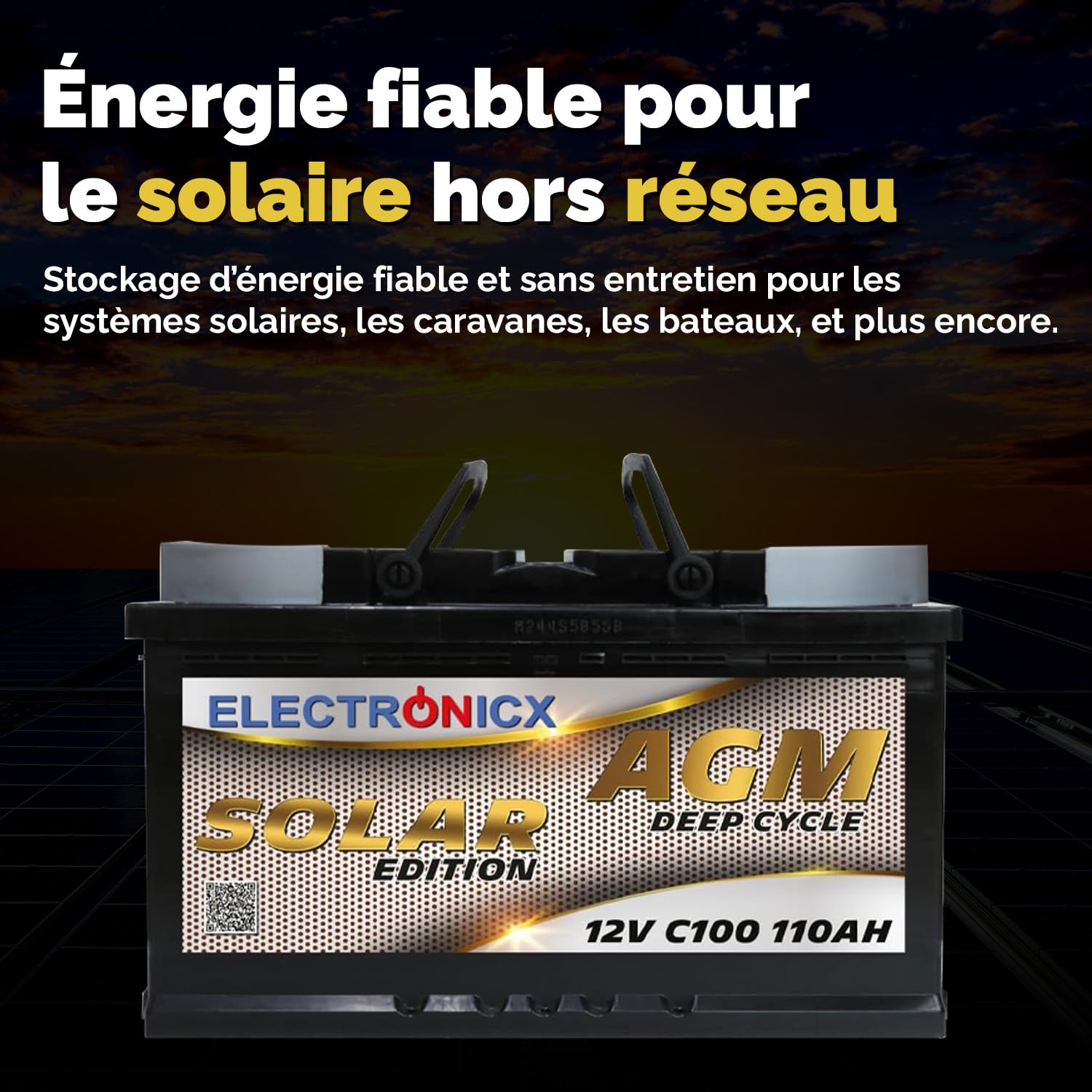 Electronicx Batterie AGM Solaire 12V 110Ah – 110 ah Batterie à Décharge Profonde – Entièrement scellée & sans entretien– Idéale pour Camping-car, Bateau, Yacht, Système Solaire & Autonomie Énergétique