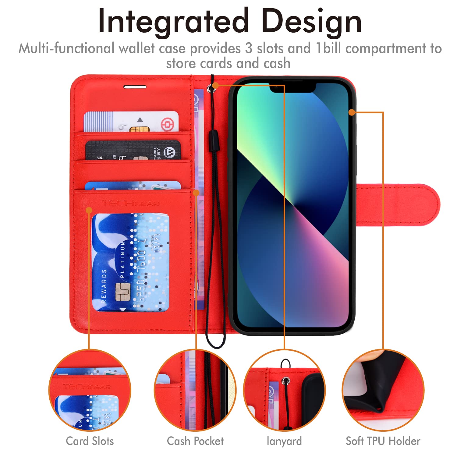 TECHGEAR Cover iPhone 13 - Custodia Portafoglio in Pelle Sintetica con TPU Antiurto, Funzione di Supporto con Slot per Schede e Cinturino da Polso per iPhone 13 2021