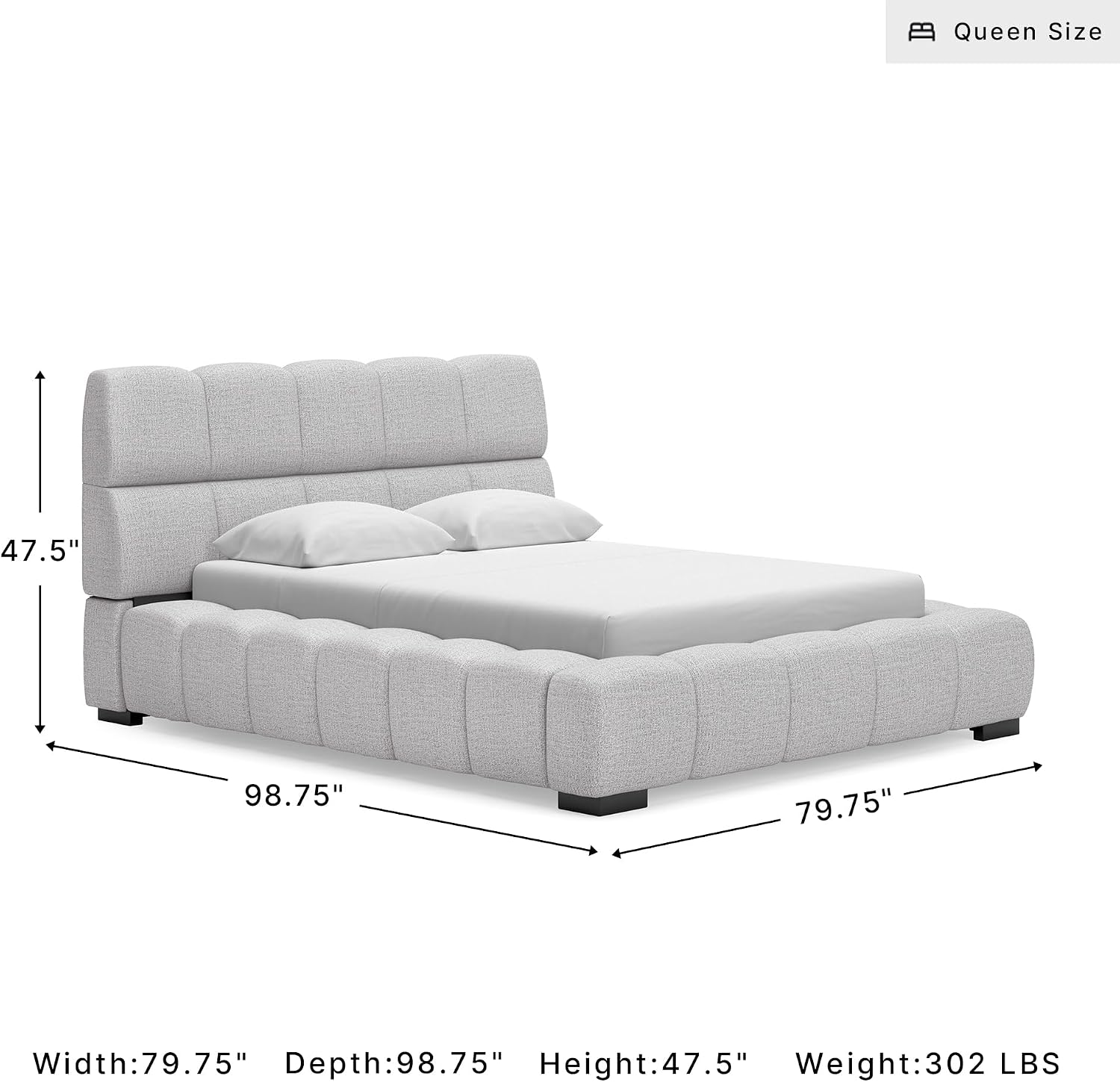 Signature Design by Ashley Wisperport Queen Upholstered Bed, Light Gray | Next-Gen Nuvella performance fabric, Deep pillowed tufting, Platform bed frame, No box spring needed