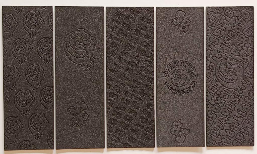 SPITBOARDS Fingerboard Foam Tape Grip Tape 5 Lasered Designs 110 x 38 mm (1 mm Thick) 5 Pieces for Finger Skate Grip Tape Cellular Rubber Foam Rubber Black