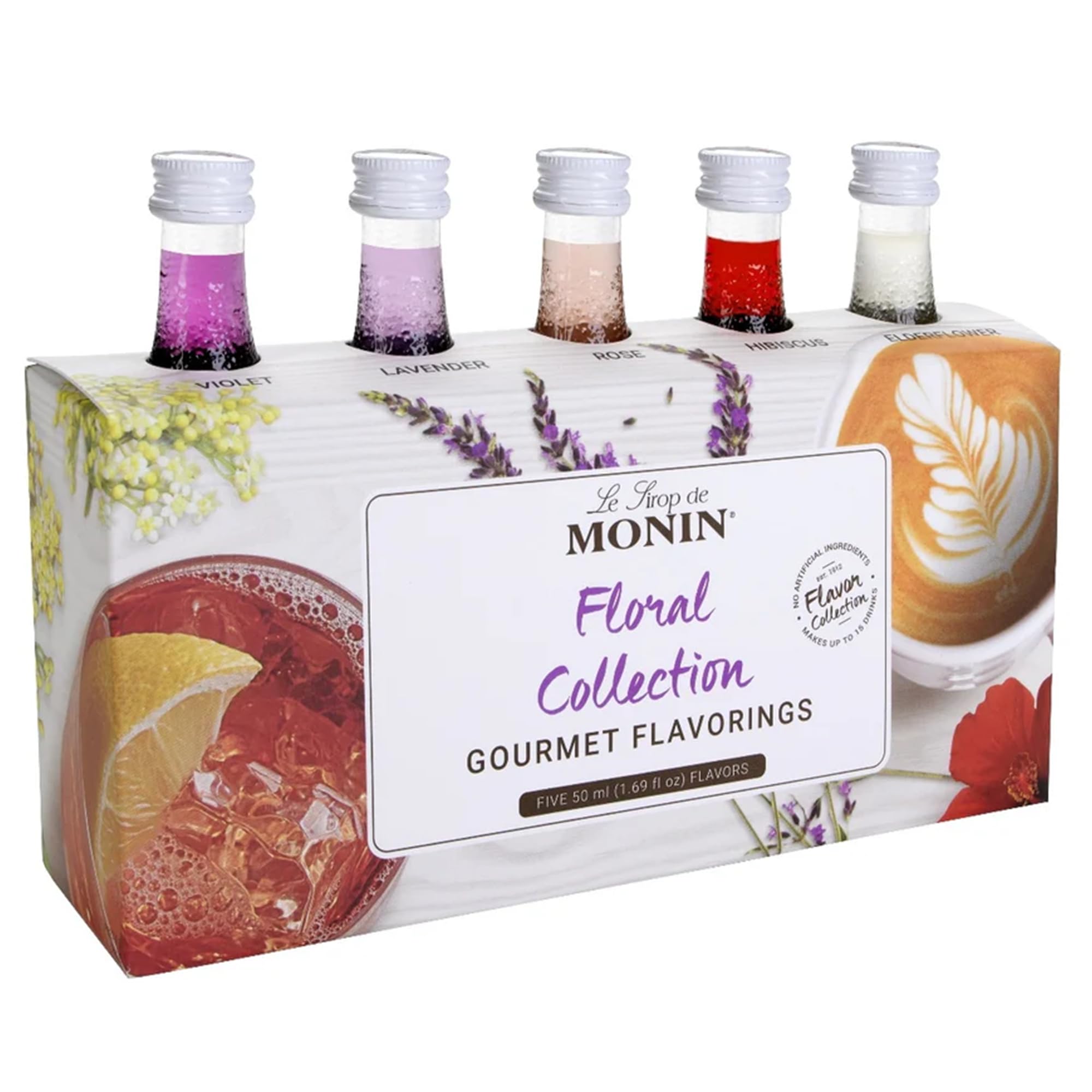 Monin - Gourmet Flavorings Floral Collection, Great for Cocktails, Lemonades, Teas, & Sodas, Gluten-Free, Dairy-Free, (Violet, Lavender, Rose, Hibiscus, & Elderflower) | 50 ml Per Bottle