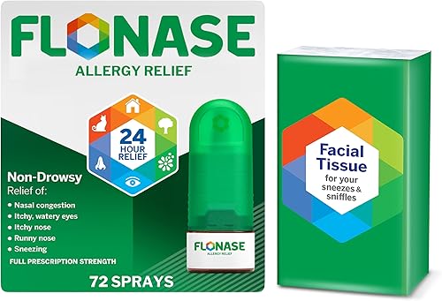Flonase Spray nasal para alivio de alergias, alivio multisíntoma sin somnolencia las 24 horas, 72 aerosoles más paquete de pañuelos