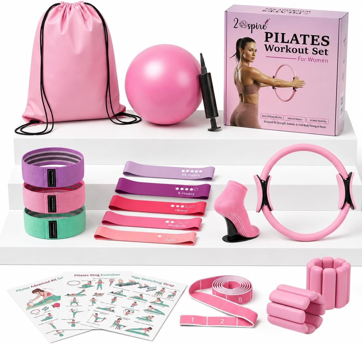 Pilates Kit for Home Workout - 14 Inches Pilates Ring 9.8 Inches Ball with Pump, 3 Fabric Bands, 5 Resistance Bands, Yoga Strap, Wrist Ankle Weights, Socks, Storage Bag & Full Body Pilates Set