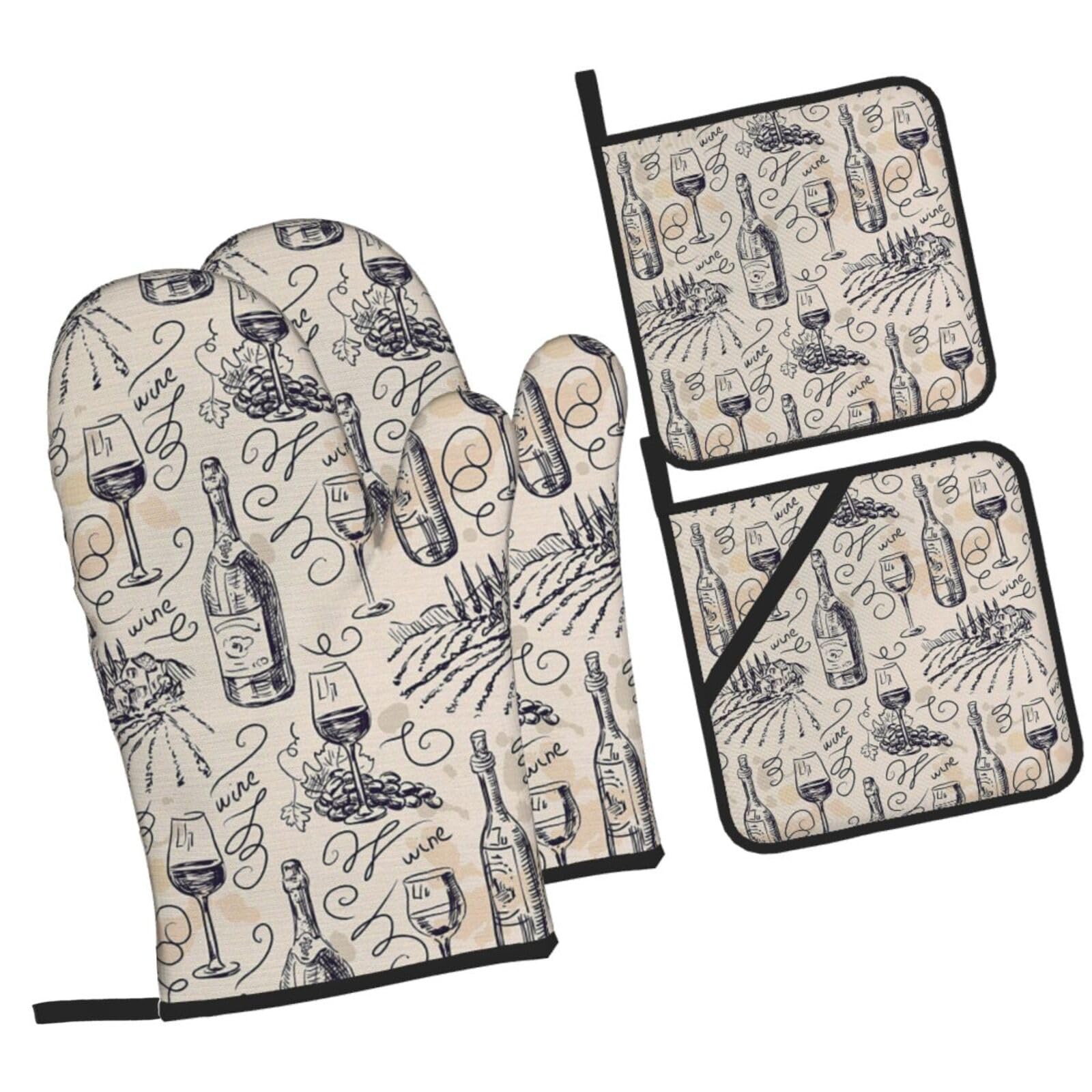 Wine and Winemaking Winery Grape Field Printed Oven Mitts and Pot Holders Heat Resistant Set of 4 Pcs, Modern Kitchen Gloves & Potholders for Cooking Baking Grilling