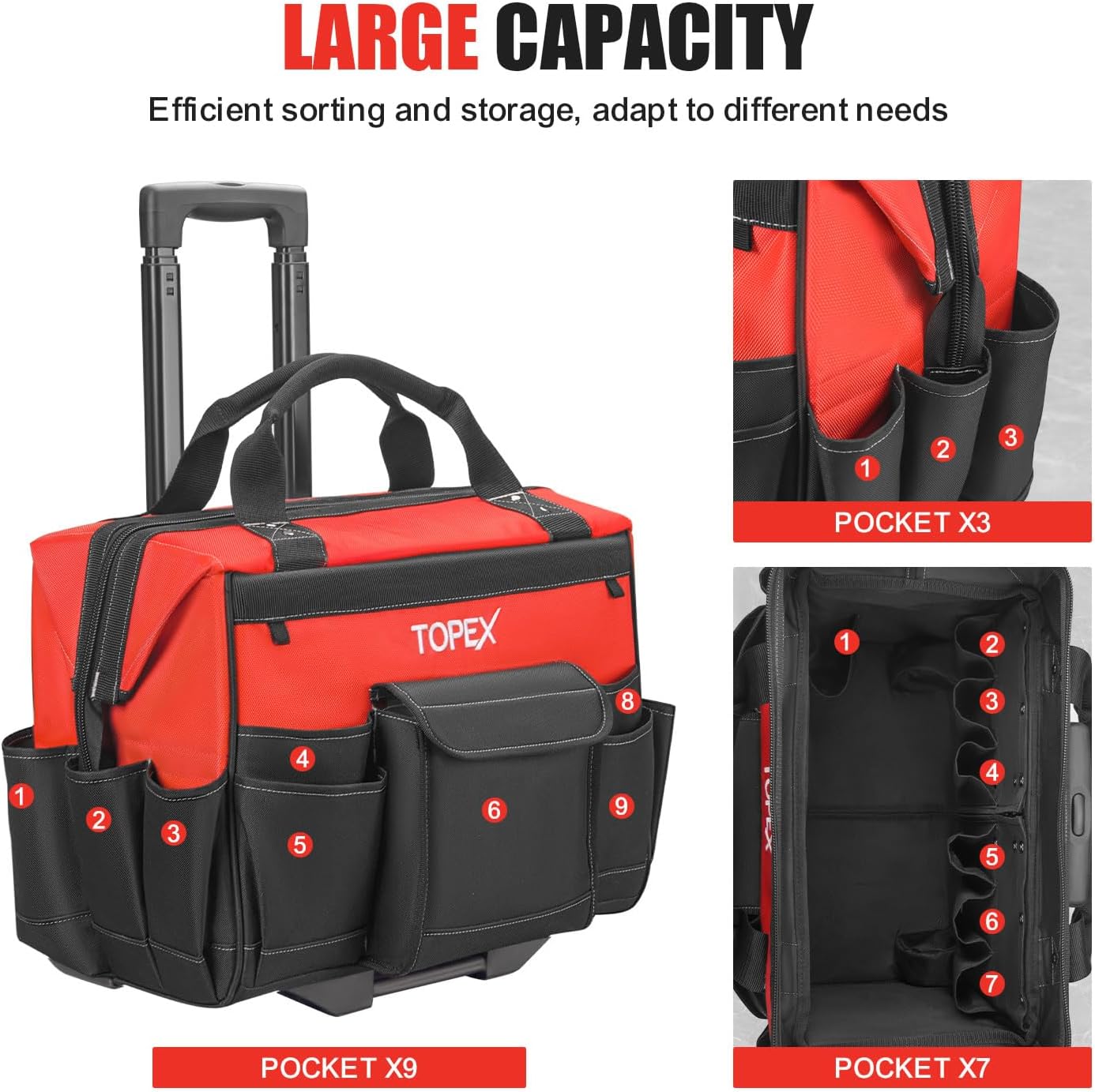 TOPEX 19 Inch Rolling Tool Bag, Tool bag with Wheels, 19 Functional Pockets Tool Organiser, Roomy Storage Space Tool Tote Bag with Adjustable Telescoping Handle, for Home, Workshop, and Job Site