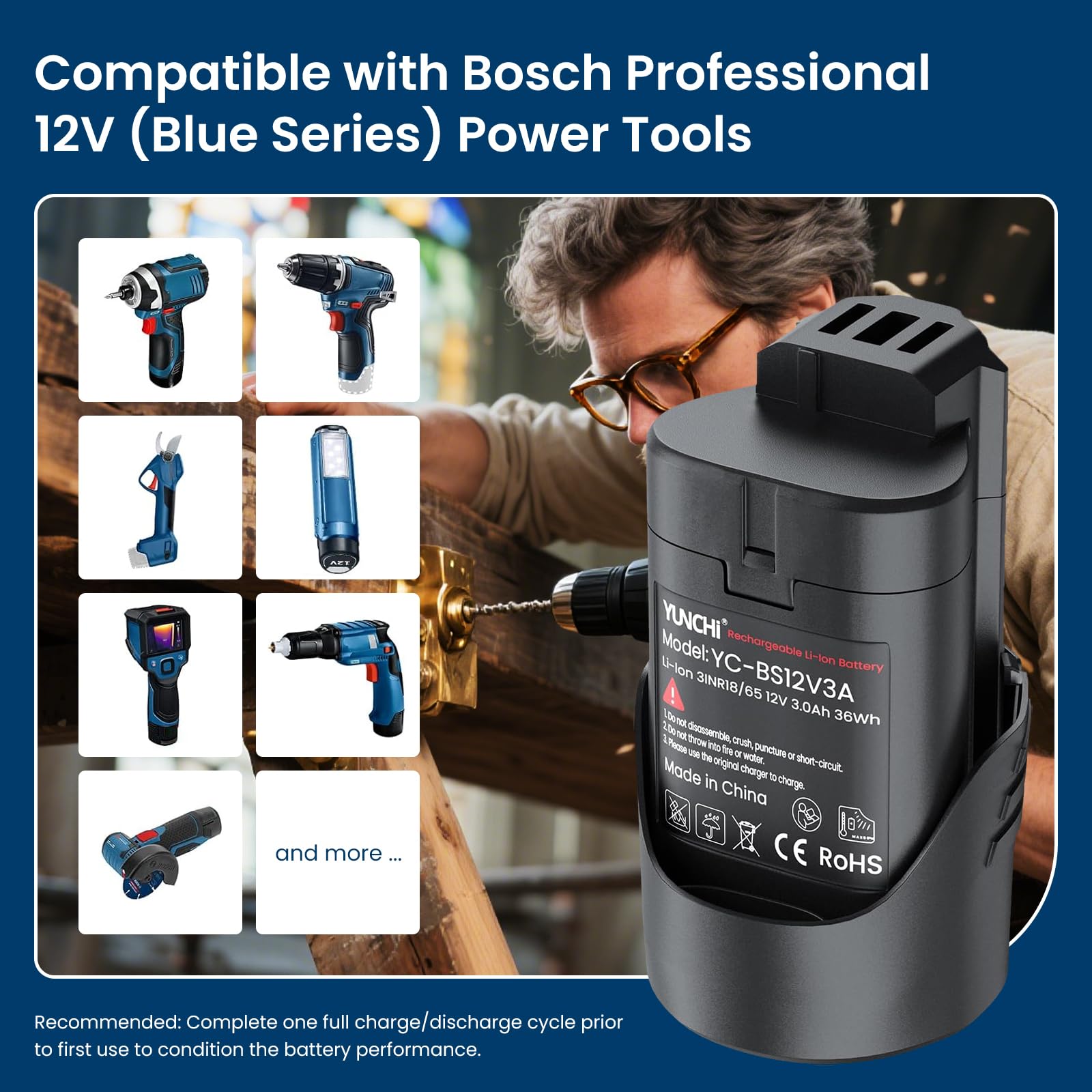 YUNCHI 3.0 Ah Ersatzakku für Bosch Akku 12V, Kompatibel mit Bosch Professional 12V System, 2 Pack