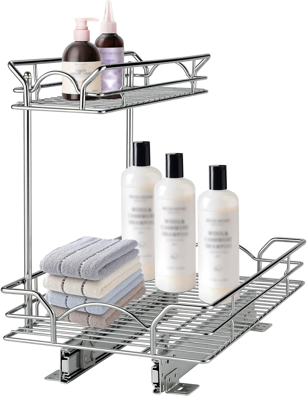 OCG 2 Tier Under Sink Pull Out Organizer (14" W x 21" D x 15.8" H), Under Sink Organizers and Storage for Kitchen Bathroom Cabinet, Chrome Finish