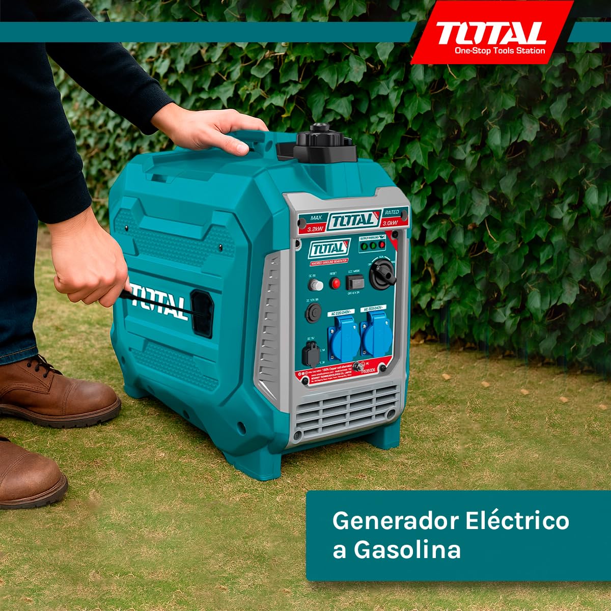 TOTAL - Generador Eléctrico a Gasolina - Insonorizado Inverter 3.3kW - Salidas USB y Toma 250V - Bajo Nivel Sonoro 64dB - Portátil 25kg, Verde, 55l x 55an cm, Plástico