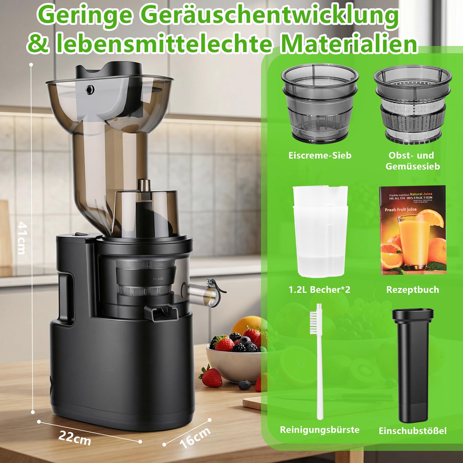 Entsafter Slow juicer 500W mit 98mm Großem Einfüllschacht,Entsafter Gemüse und Obst Testsieger,Extraktionsrate von bis zu 98%,BPA-Frei,Leicht zu Reinigen,Saftpresse