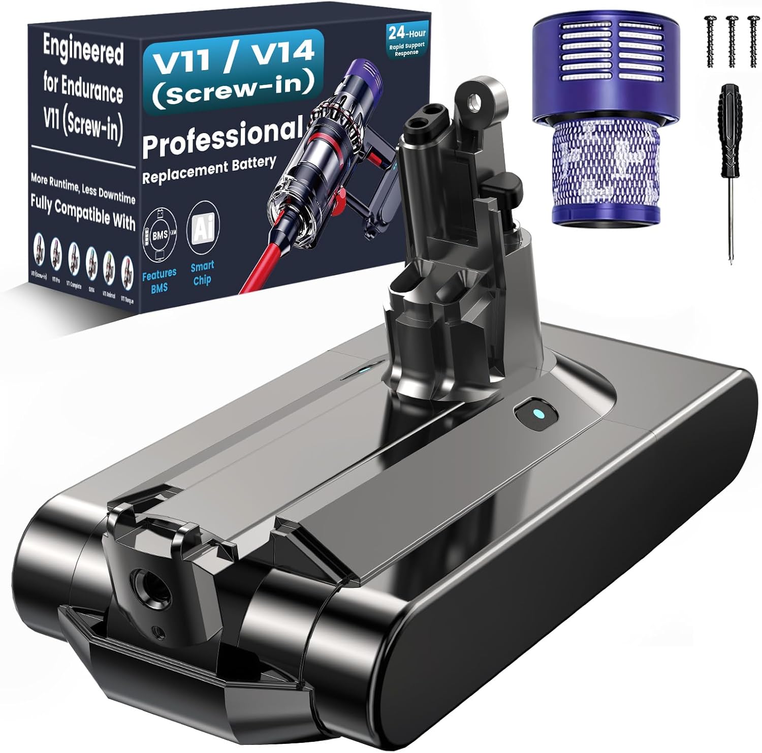 V11 Battery Replacement for Dyson V11 Animal, Absolute, Motorhead, Fluffy, 25.2V Li-ion Battery for SV14 Battery, 1 Screwdriver, 3 Screws, 2 V11 Filter(Not for Click-in Type)