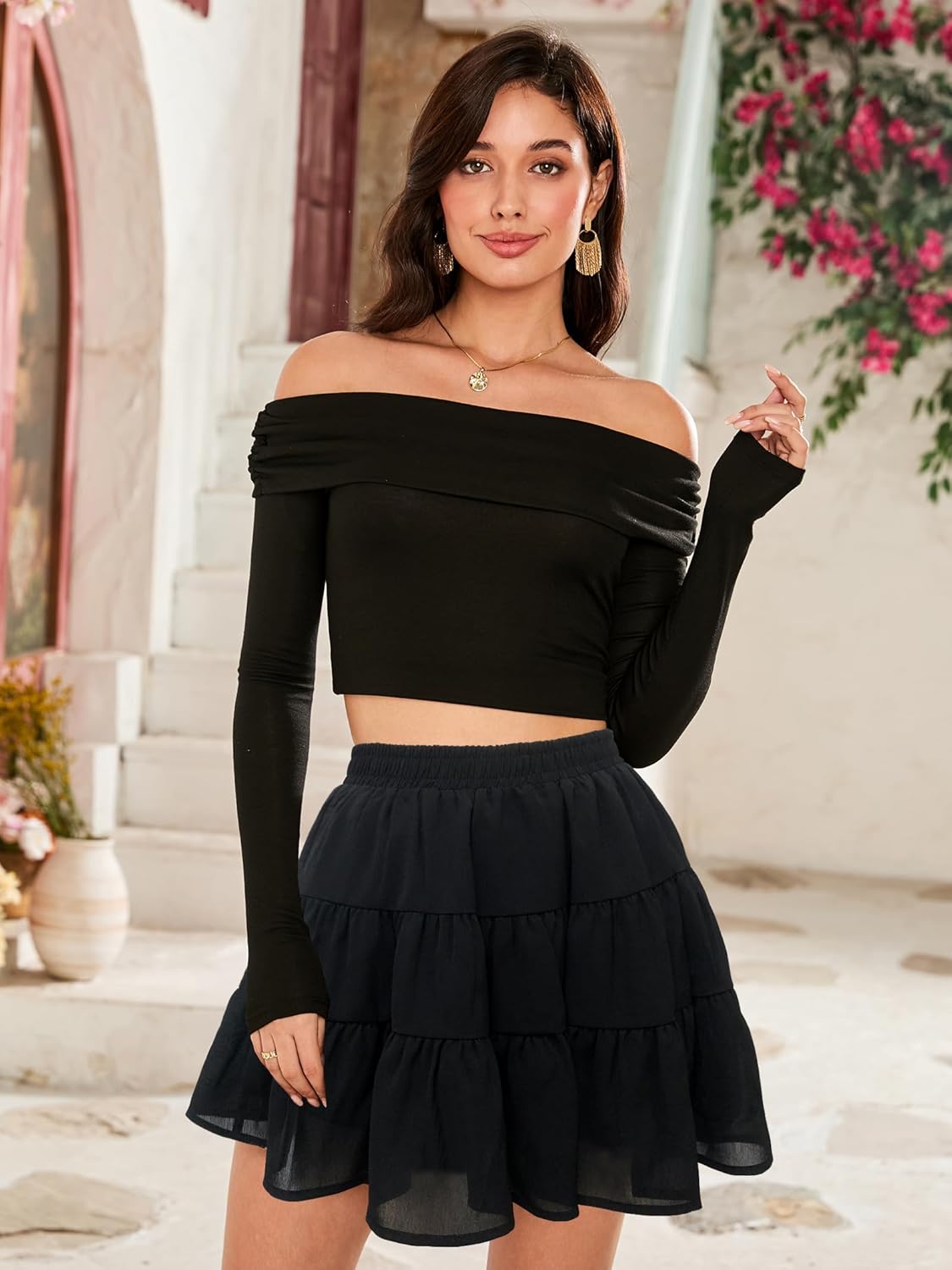 Tsher Women's High Elastic Waist Ruffle Casual Boho A-line Mini Skirts 0328 - Image 2