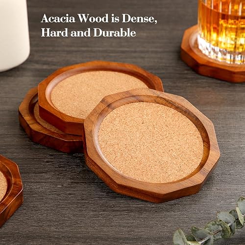 Miniatura 6 de Posavasos de madera de corcho para bebidas absorbentes con soporte, 4.33 pulgadas, forma decagonal de madera de acacia, juego de posavasos para