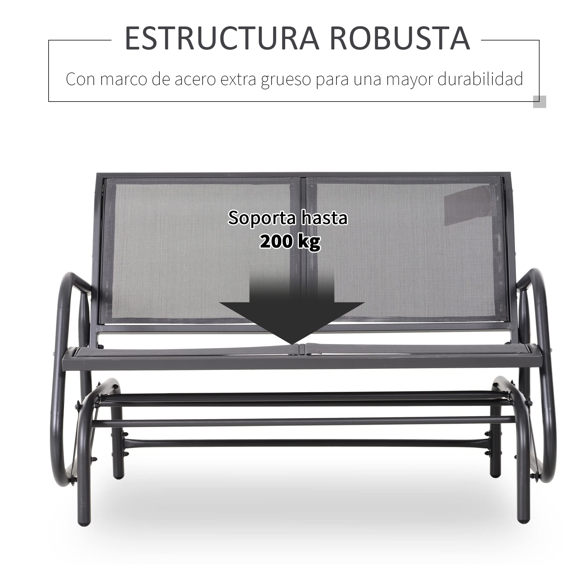 Outsunny Banco Balancín de 2 Plazas Silla Mecedora de Jardín Tubo de Metal y Tela Texteline Transpirable para Exterior Carga Máx. 200 kg 120x70x85 cm Gris