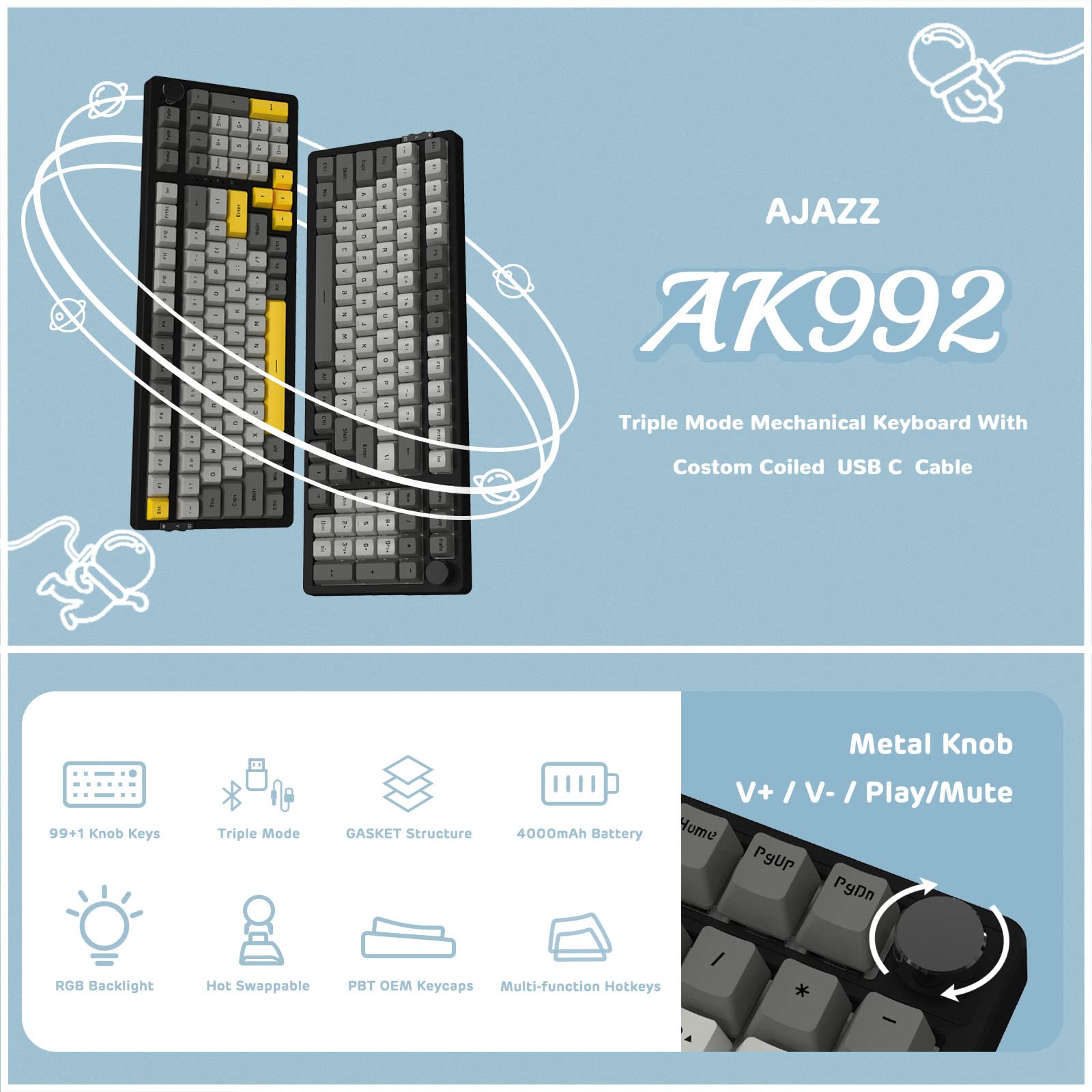 A.JAZZ AK992 GASKET Tastiera Meccanica Hotswap & Poggiapolsi Ergonomico & Cavo USB C A Spirale, 4000mAh 2.4Ghz/BT5.0/USB-C, Tastiera Gaming RGB con Manopola del Volume (Interruttore Marrone)-Grigio