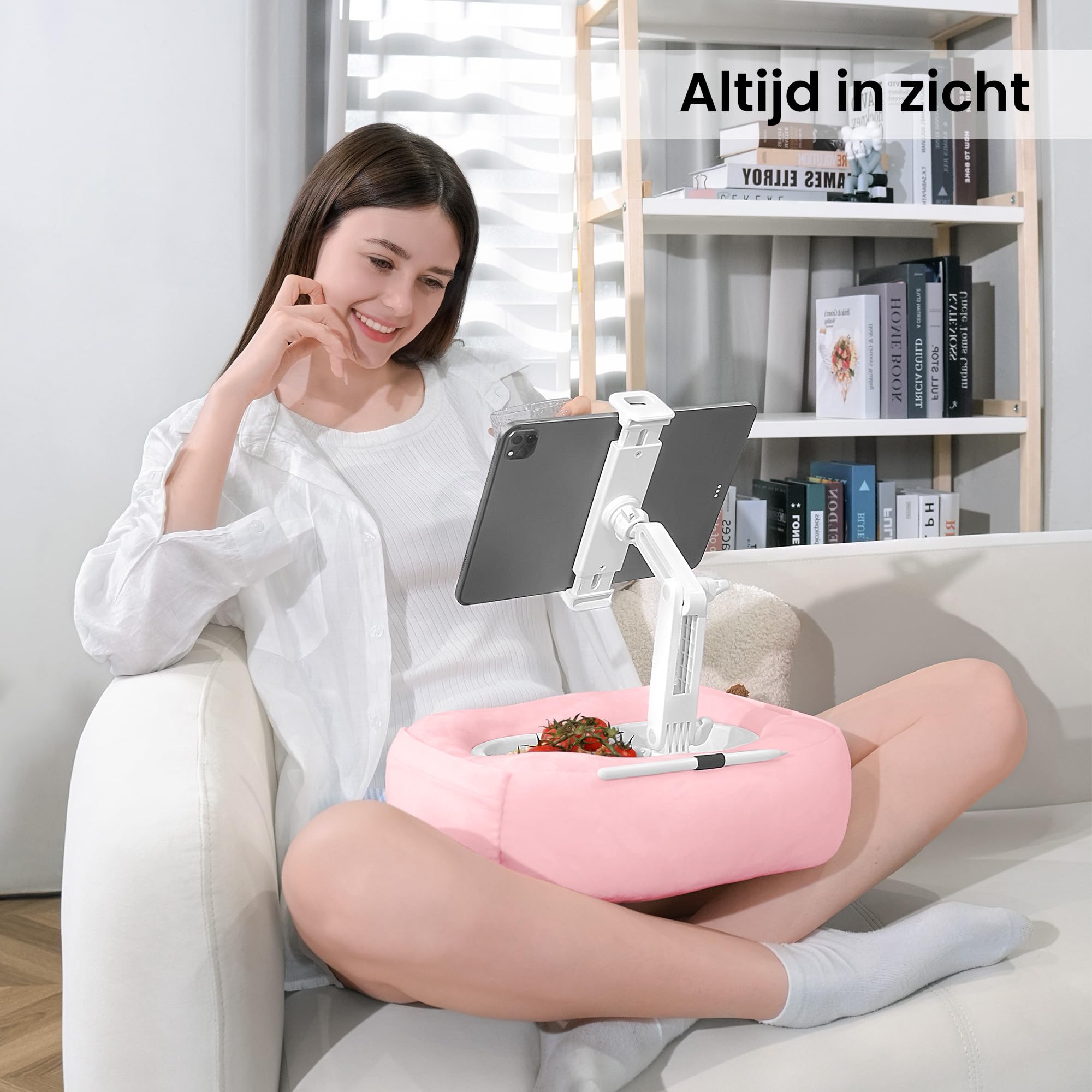 Supporto per cuscino per tablet con 2 ciotole per snack, supporto per iPad regolabile a 360°, per iPad da 4,7 a 13", Kindle, smartphone, accessori Kindle sul letto, divano, rosa