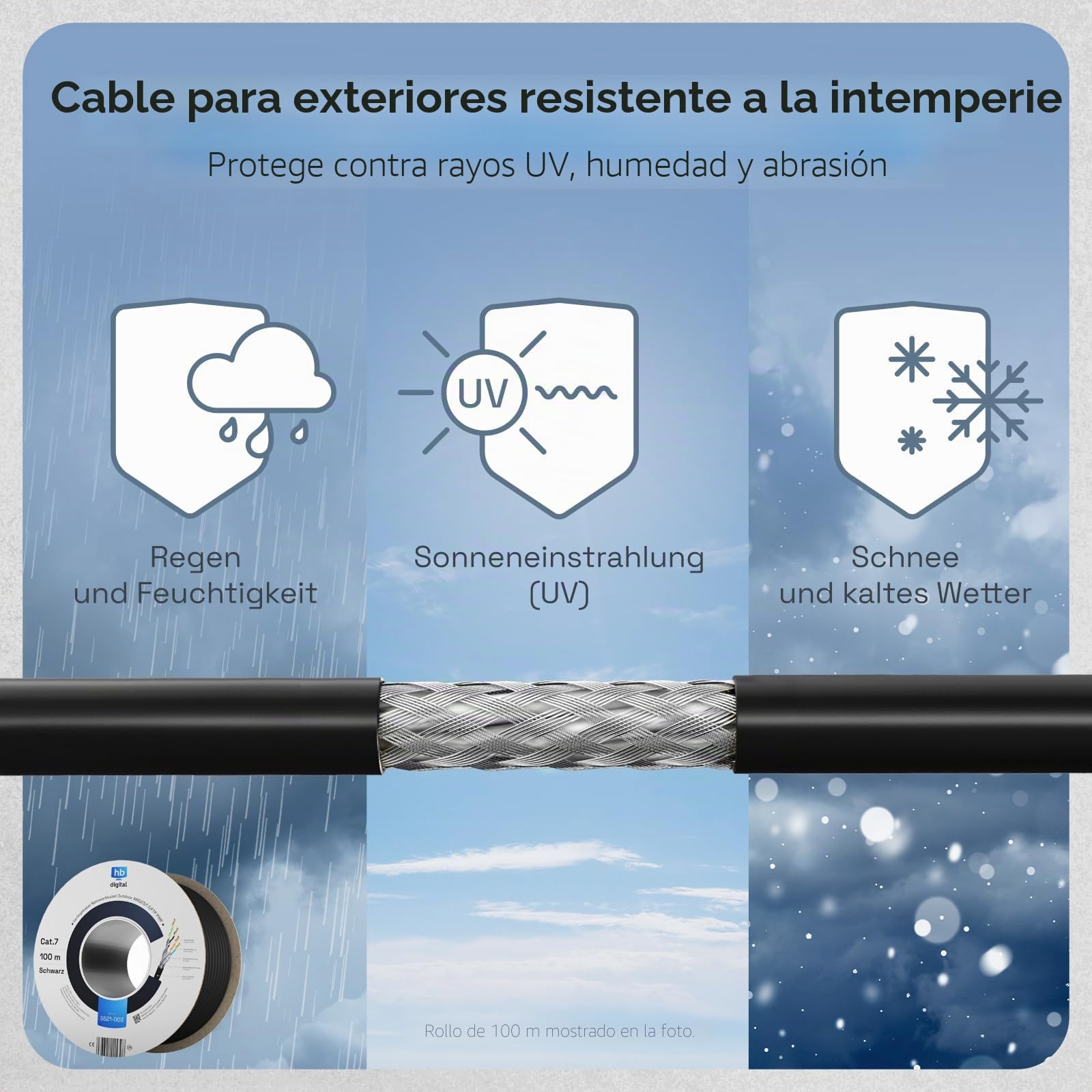 HB-DIGITAL 50m CAT 7 Cable de instalación Ethernet 1000MHz 10Gbits al aire libre negro AWG23/1 PE S/FTP doble blindaje PIMF Puro Cobre Instalación de red