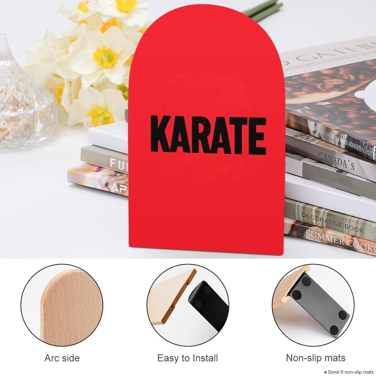 Karate Cute Wood Book Ends Decorative Bookends 1 Pair Non-Skid for Shelves Home Office 7 X 5 Inch