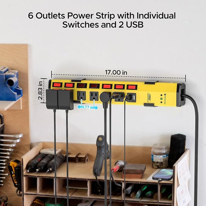 Regleta de poder metálica CRST con 6 tomas y 2 puertos USB (3.4 A), interruptores individuales, protección contra sobretensión de 1200 J, cable de 1.83 m, diseño extra ancho para enchufes voluminosos, para taller, garaje y hogar miniatura 2