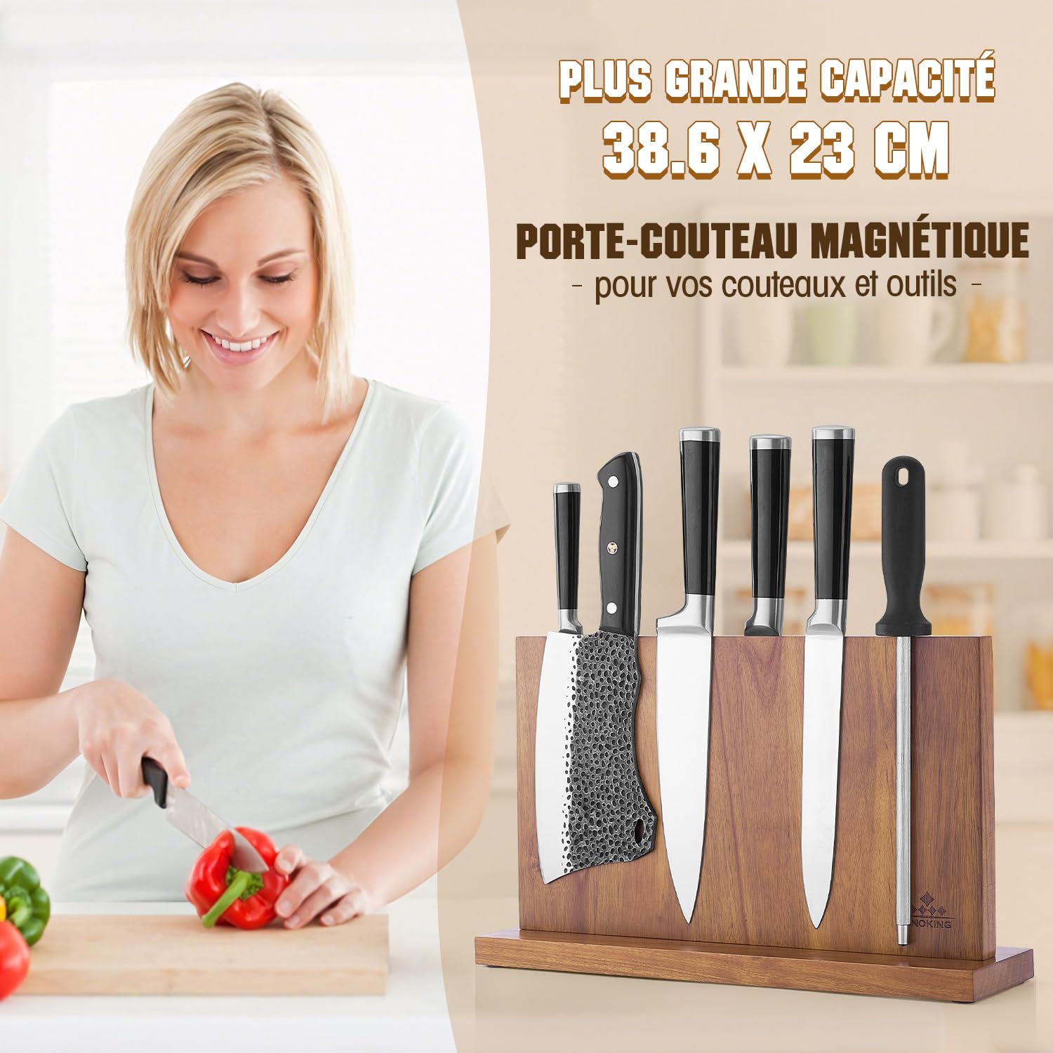 ENOKING Grand Bloc à Couteaux Magnétique 38,6 x 23 cm, Double Face Porte Couteaux Aimanté, Bloc Couteaux Cuisine en Bois d'Acacia, Range Couteau de Cuisine avec Aimant Puissant