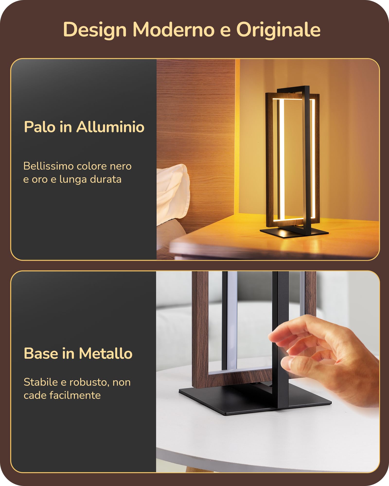 EDISHINE Lampada da comodino LED touch dimmerabile, moderna lampada da tavolo in legno noce, 3 temperature di colore, per camera da letto, soggiorno, ufficio, scrivania, regalo