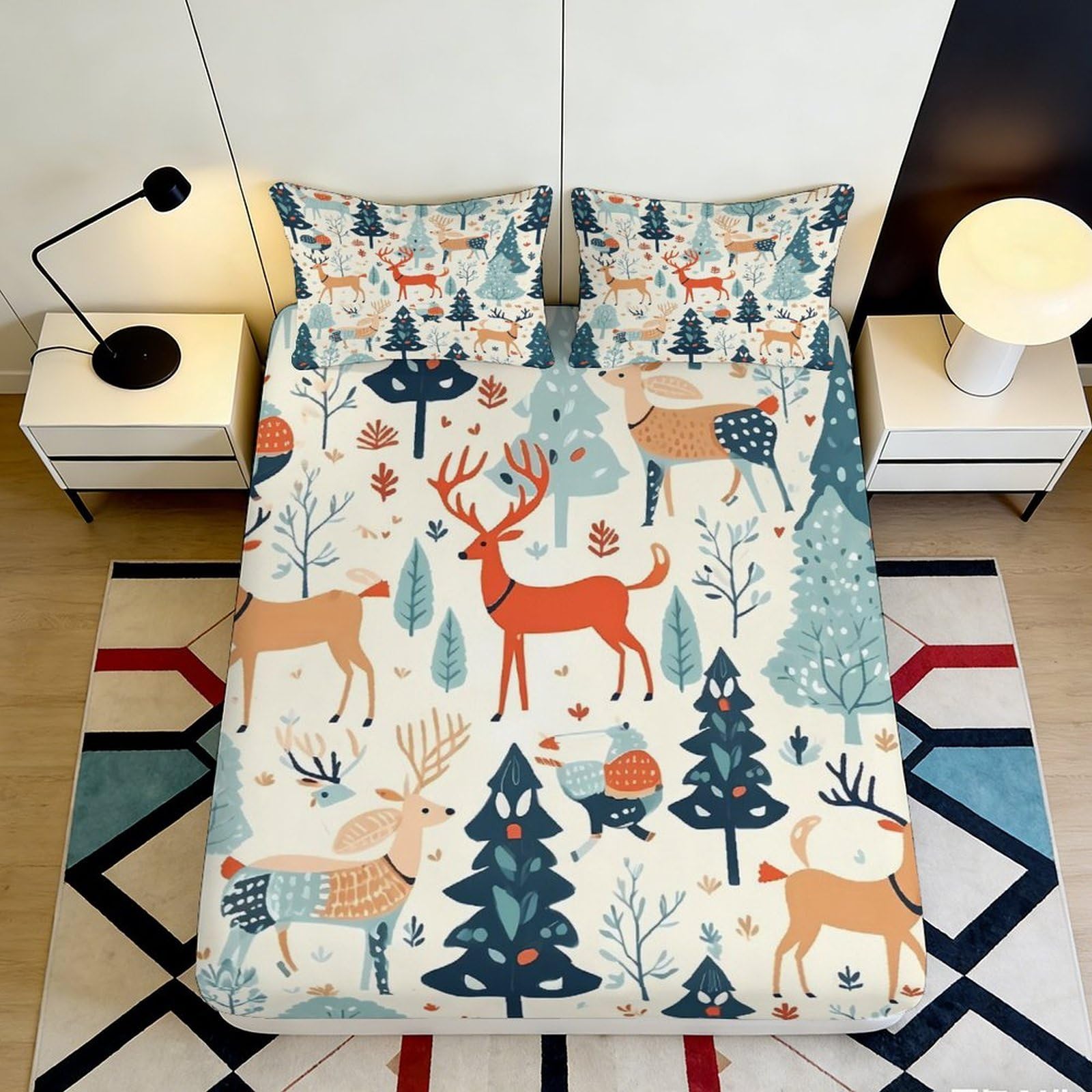 3D Printed Reindeer Forest Fitted Sheet Microfiber Soft Christmas Tree Mattress Cover for Bedroom Guest Room Decor 90x200x25cm