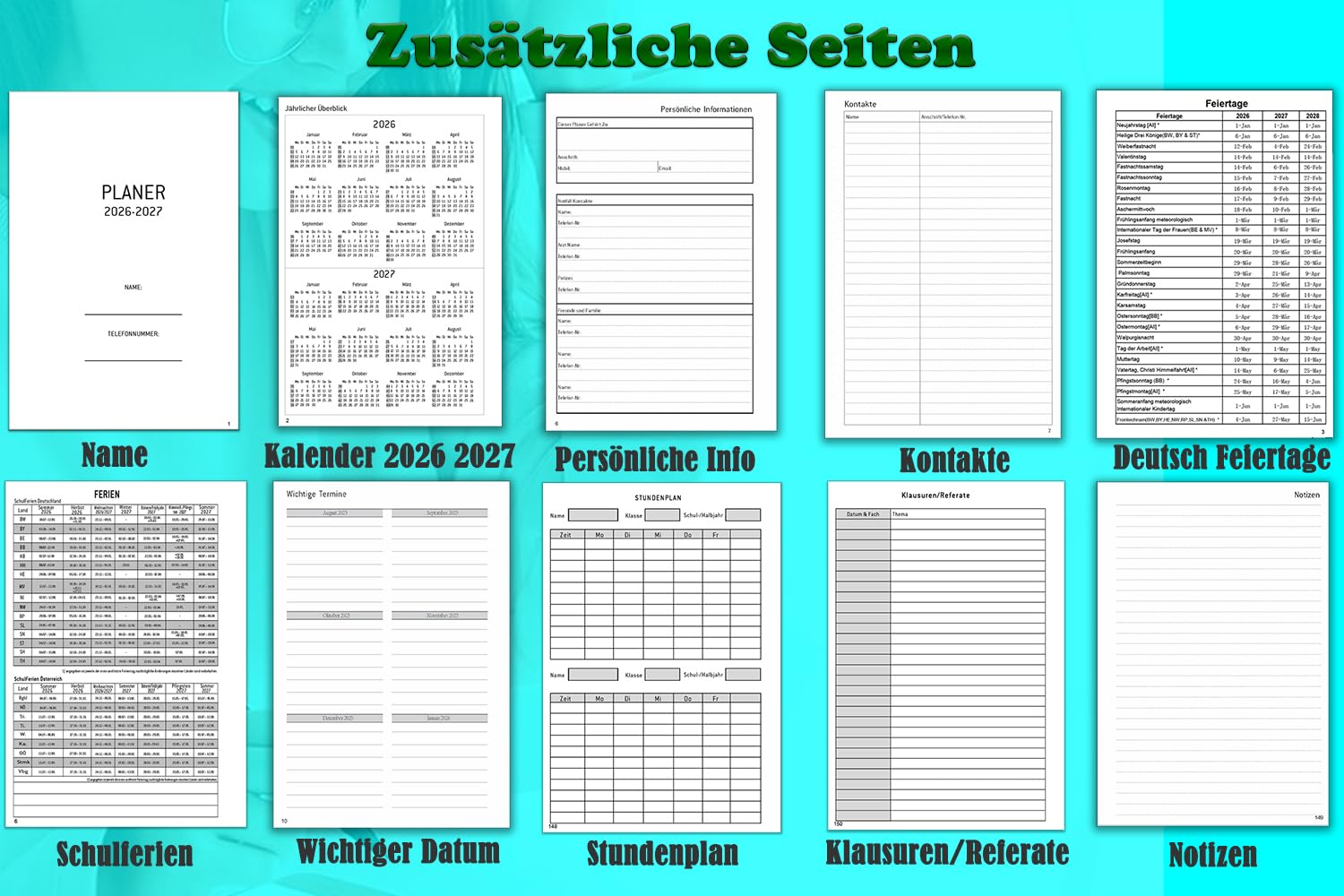Kalender 2026 2027 A5, Wochenplaner/Terminplaner Ringbuch mit Tabs, Innentasche, Spiralbindung, Buchkalender 1 Woche 2 Seiten, Schülerkalender Studienplaner Hausaufgabenheft Planer 2026/27(Aug-Jul)