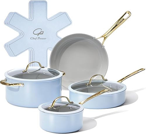 Chef Power Juego de utensilios de cocina de cerámica, 10 ollas y sartenes antiadherentes, juego de utensilios de cocina con mango de acero