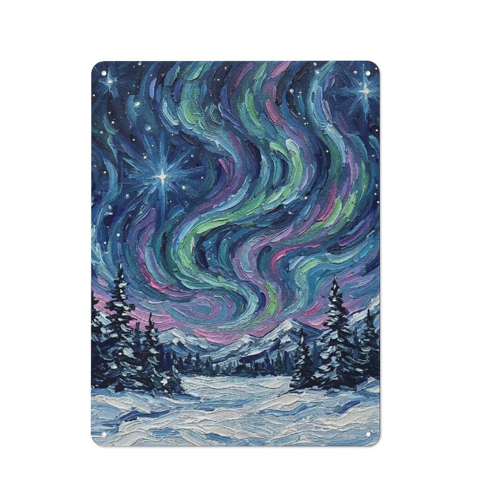 Junmoney Style-10 Aurora Borealis Winter Landscape Painting Vintage Tin Wall Plaque 40X30cm For Home Bar Wall, For Vintage Wall Decor Fans, For Home Office And Studio Walls