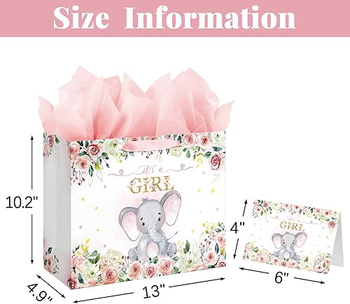 Miniatura 2 de Laidans Bolsa de regalo de cumpleaños para baby shower de 13 pulgadas para niña con papel de seda y tarjeta, diseño de elefante floral rosa con asas