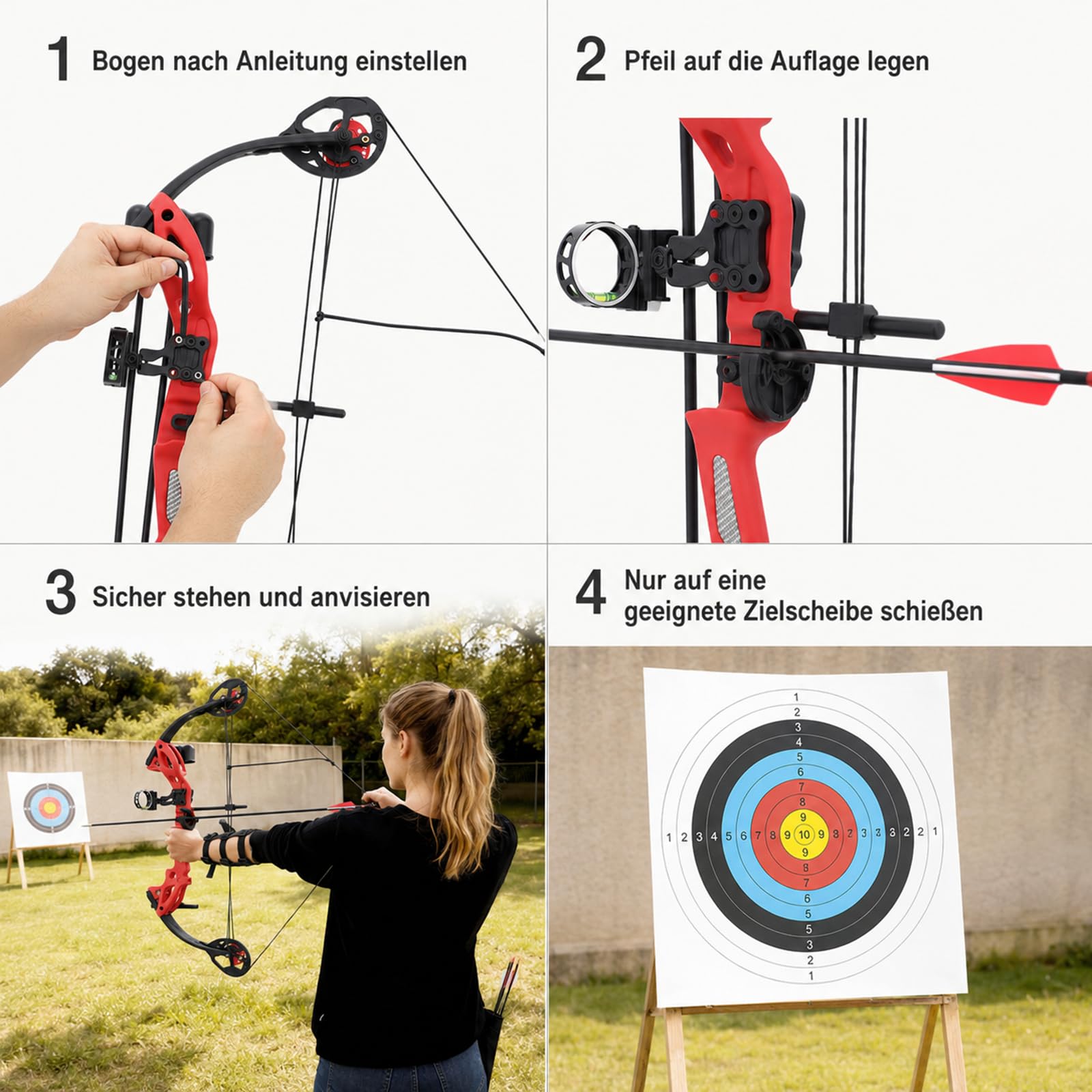 Pfeil und Bogen Kinder Set mit Visier Armschutz Auflage | Einstellbar 16-29 Lbs Zuglänge (19,3-28,4 Zoll) für Jugendliche Und Einsteiger für Rechtshänder (Rot)