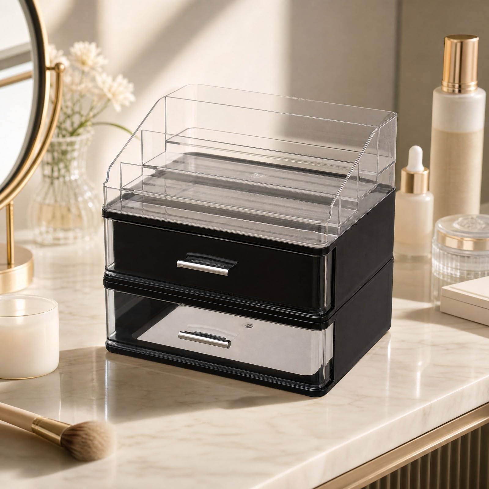 TISHITA Make-up-Organiz mit transparentem Obteil einfaches Design Kosmetik-Organiz mit Schubladen vielseitig Kosmetikorganiz für Badezimm, 3-Stufig