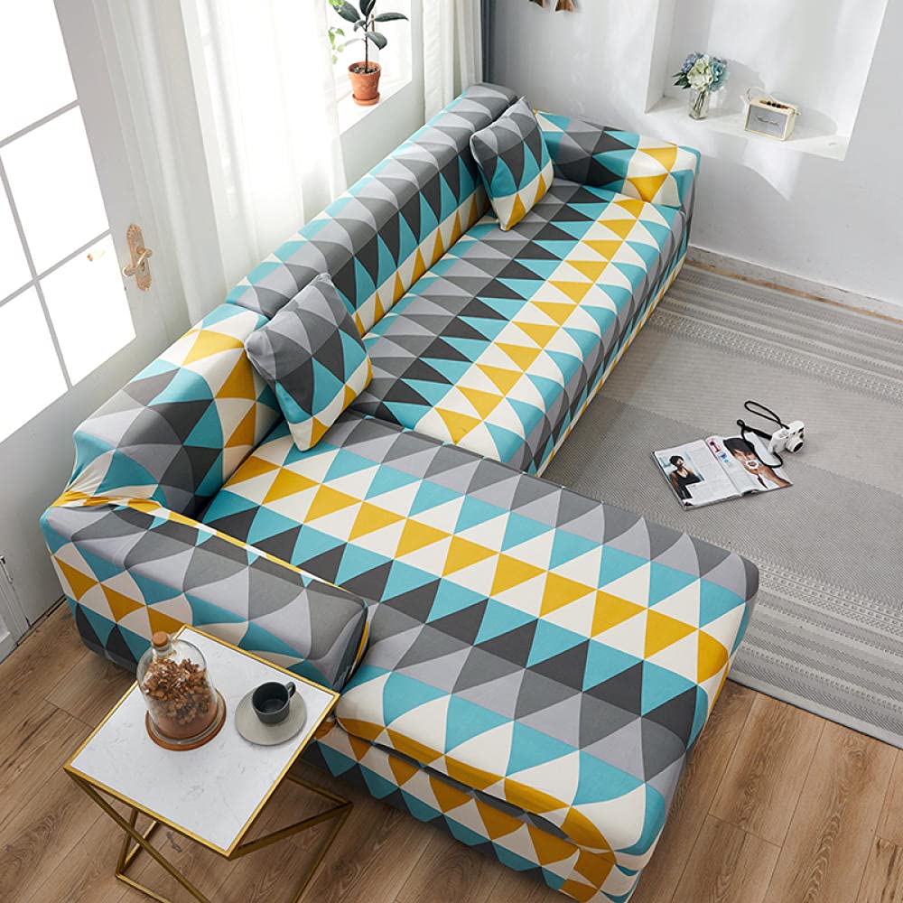 Housse de canapé extensible universelle 2 places bleu et jaune moderne