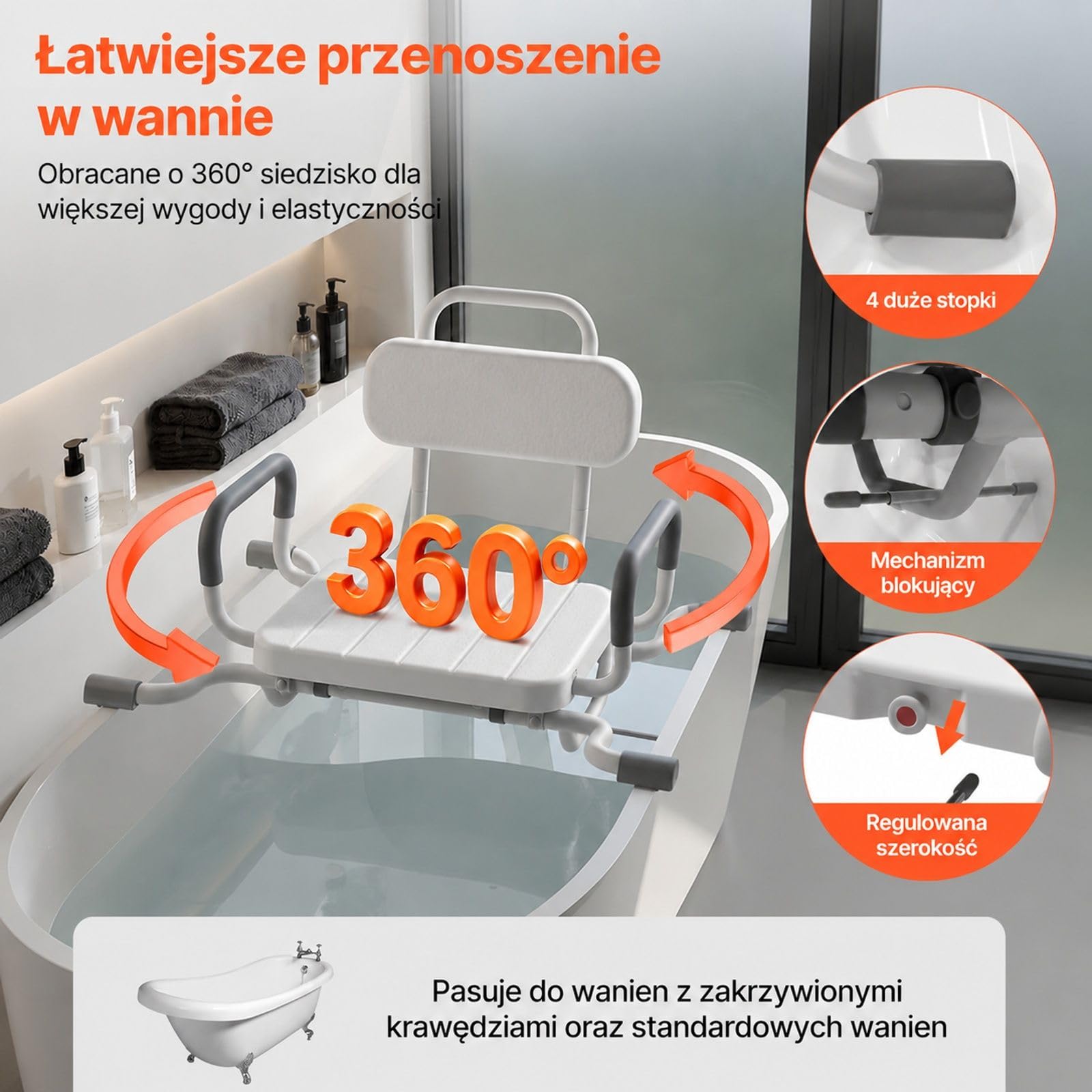 Obrotowe siedzisko prysznicowe z podłokietnikami i oparciem, regulowane do wanny oraz kabiny prysznicowej