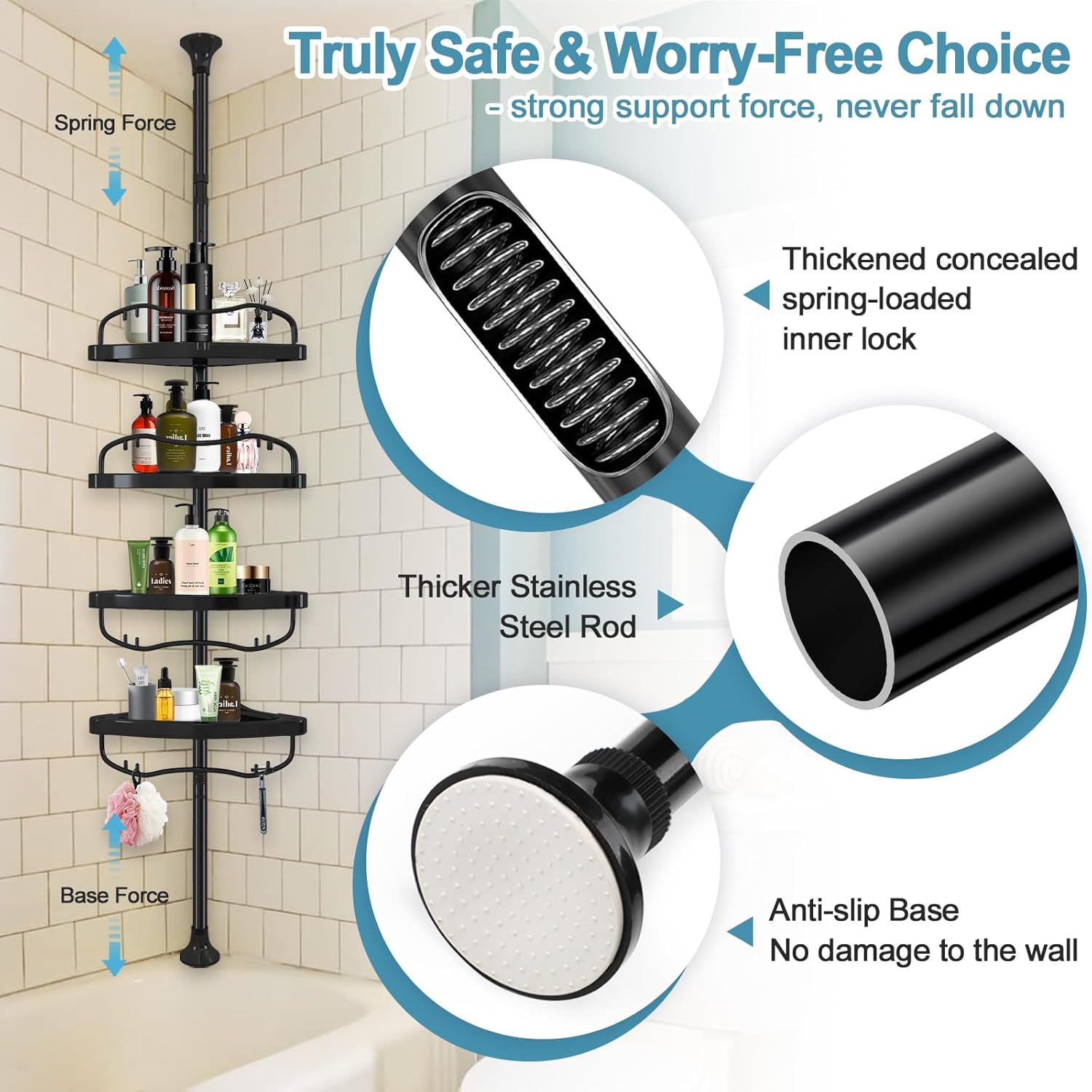 Corner Shower Caddy Tension Pole, Rustproof Bathtub Storage Organizer with 4 Adjustable Shelves, Bathroom Shower Rack Shampoo Holders for Inside Shower, 40"-120" Floor to Ceiling Shower Caddy Black