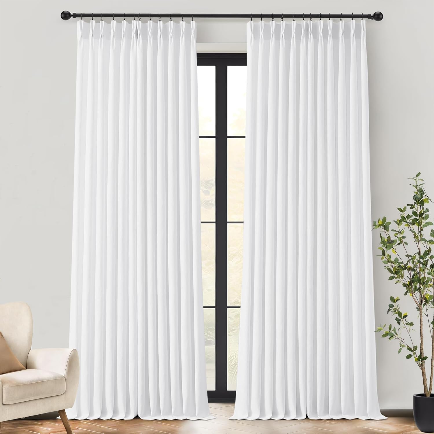 90 inch White Linen Curtains Pinch Pleat Curtains for Living Room 350 GSM Thick Linen Curtain Non-See-Through Privacy 2 Panels Set Farmhouse Textured Semi Sheer Drapes for Bedroom 40W x 90L