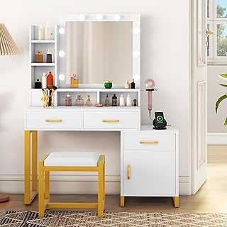 YITAHOME Makeup Computer with Mirror and Lights and Charging Station, Changing Table with Chair, Drawers, 3 Adjustable Lighting Modes with Brightness, Bedroom White