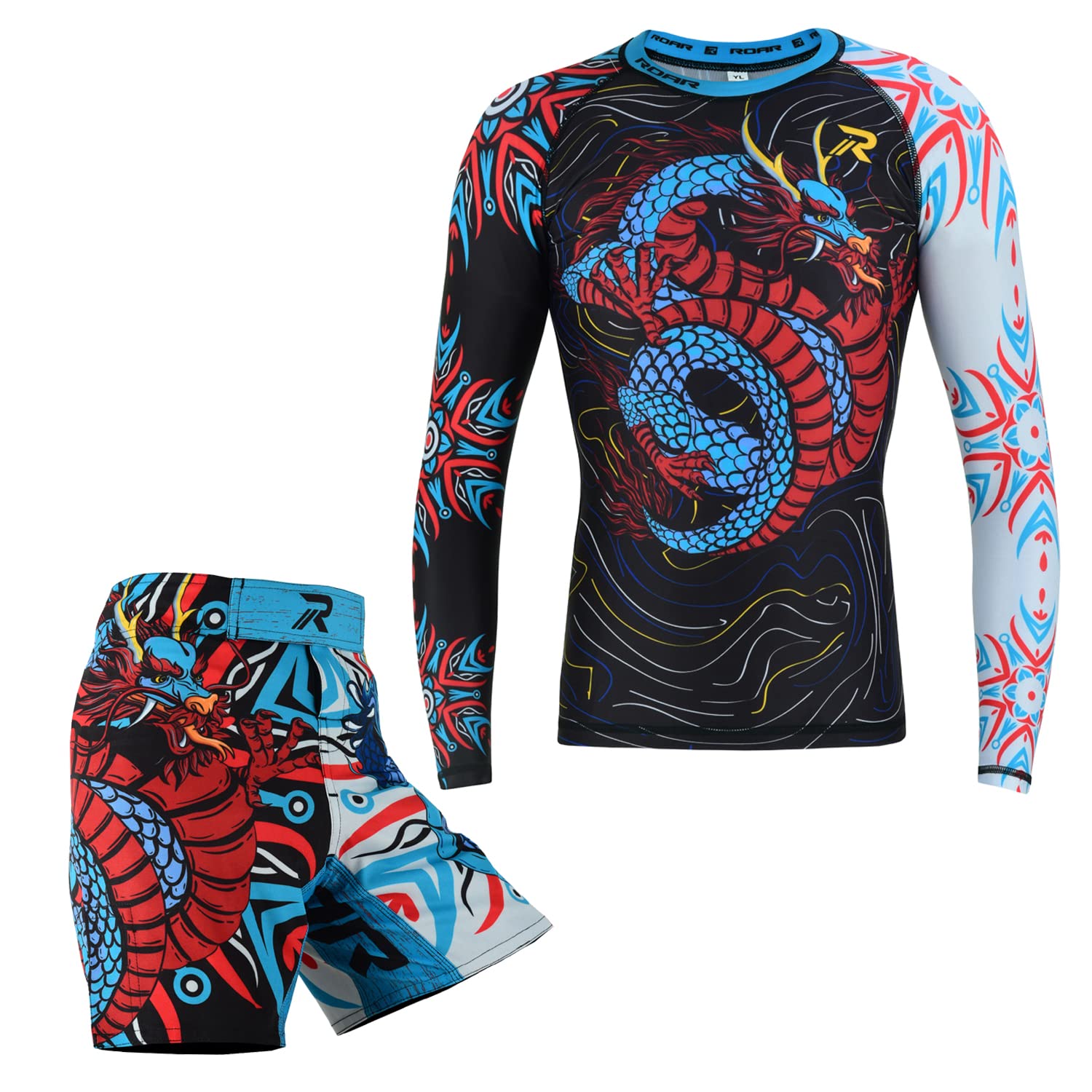 ROAR-INT MMA Rash Guard &amp; BJJ Shorts Set Kids Fight Training Grappling Wear Jiu Jitsu Gi Trunks Outfit Set