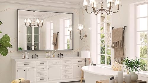 Miniatura 96 de Keonjinn Espejo de baño dorado de 48 x 36 pulgadas, espejo rectangular con marco de metal dorado cepillado, espejo de pared grande rectangular